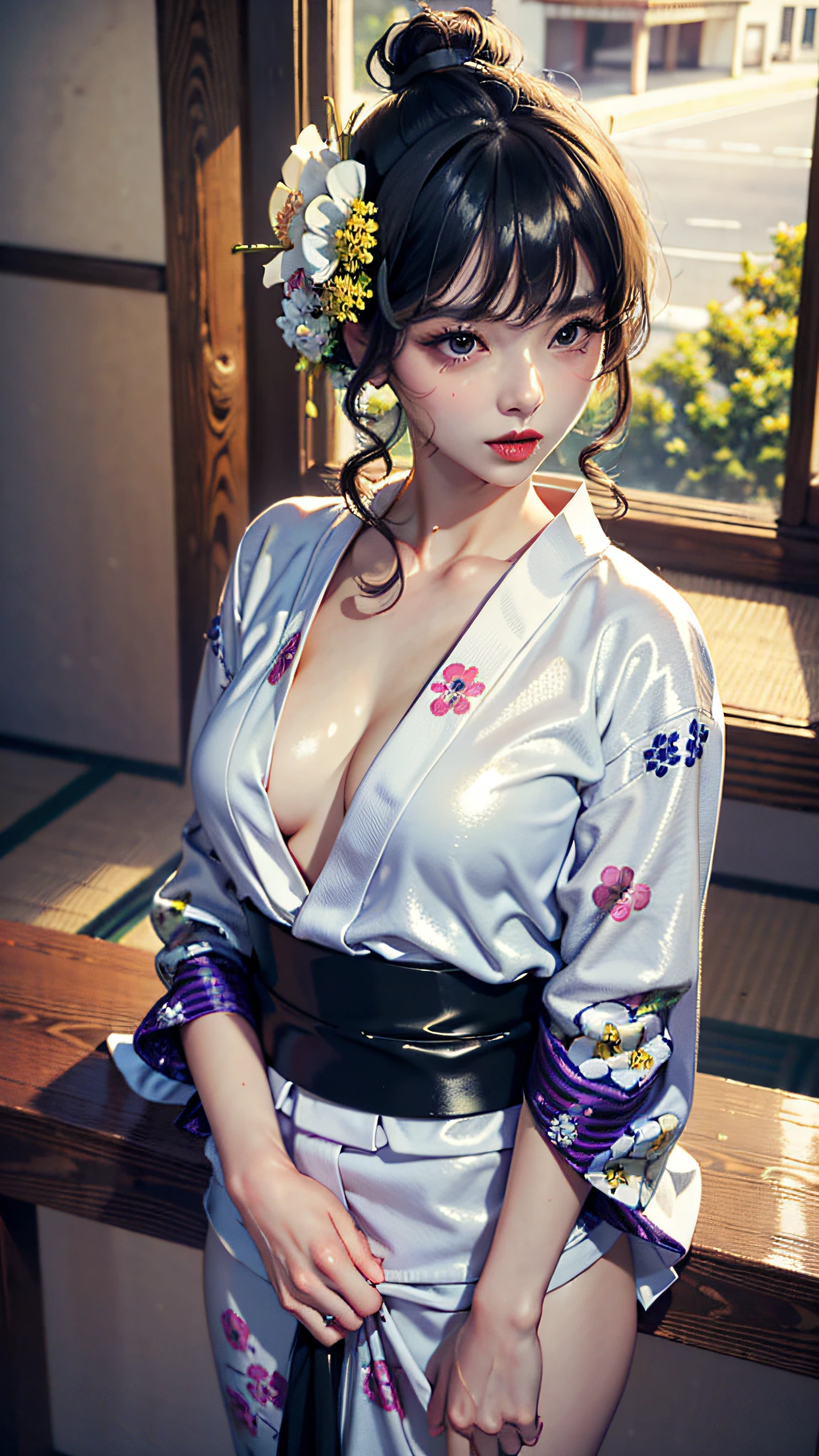 ((Best Quality)), ((Masterpiece)), (High Definition:1.3), Real, Beautiful (Yukata:1.3), Stylish woman looking at black leather clothes, pubic hair