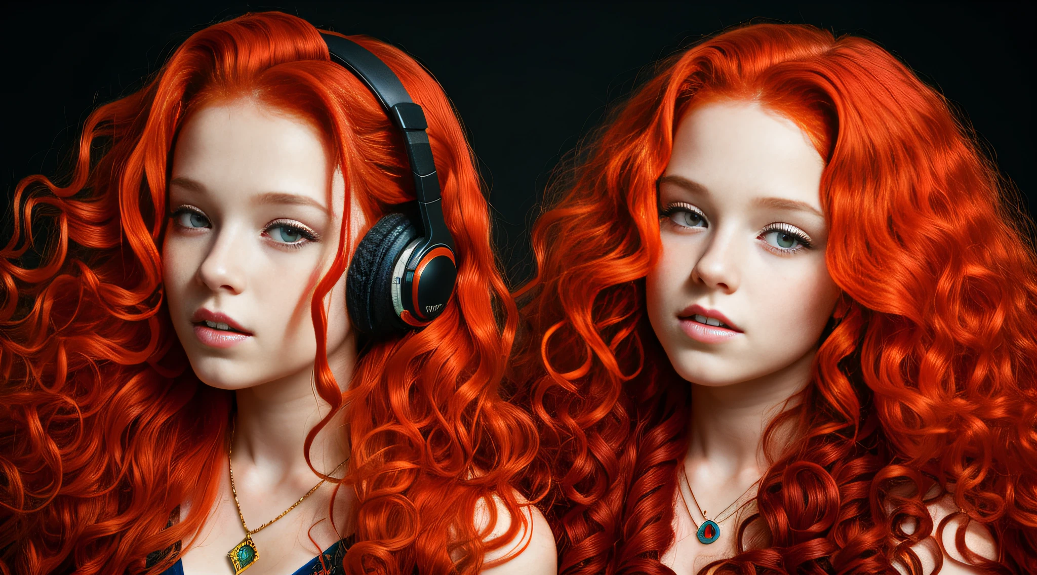 girl CHILD 10 years old, PORTRAIT STYLE, with headphones holding a Pink Floyd album, The Dark Side of the Moon, with red hair and jewelry posing for a photo, very long wavy fiery red hair, orange skin and long burning hair, long curly red hair, bright long red hair, long stream of red hair, fiery red hair, big wavy red hair, red hair and attractive features, red curly hair, flowing orange hair, very long flowing red hair, flowing red hair