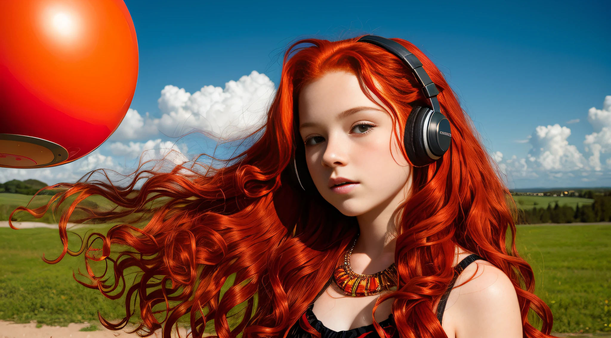 girl CHILD 10 years old, PORTRAIT STYLE, with headphones holding a Pink Floyd album, The Dark Side of the Moon, with red hair and jewelry posing for a photo, very long wavy fiery red hair, orange skin and long burning hair, long curly red hair, bright long red hair, long stream of red hair,  fiery red hair, big wavy red hair, red hair and attractive features, red curly hair, flowing orange hair, very long flowing red hair, flowing red hair