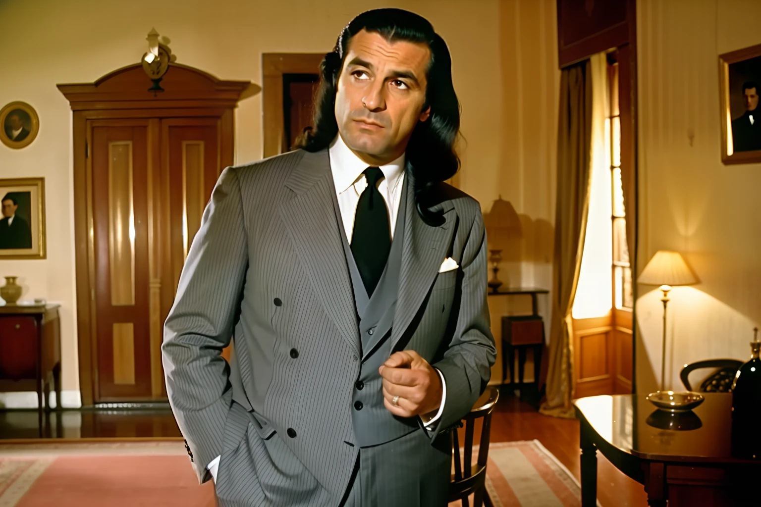 Film still, an Italian mobster, wearing an elegant suit, long black hair, Scene inside a typical Sicilian house style by 1950's