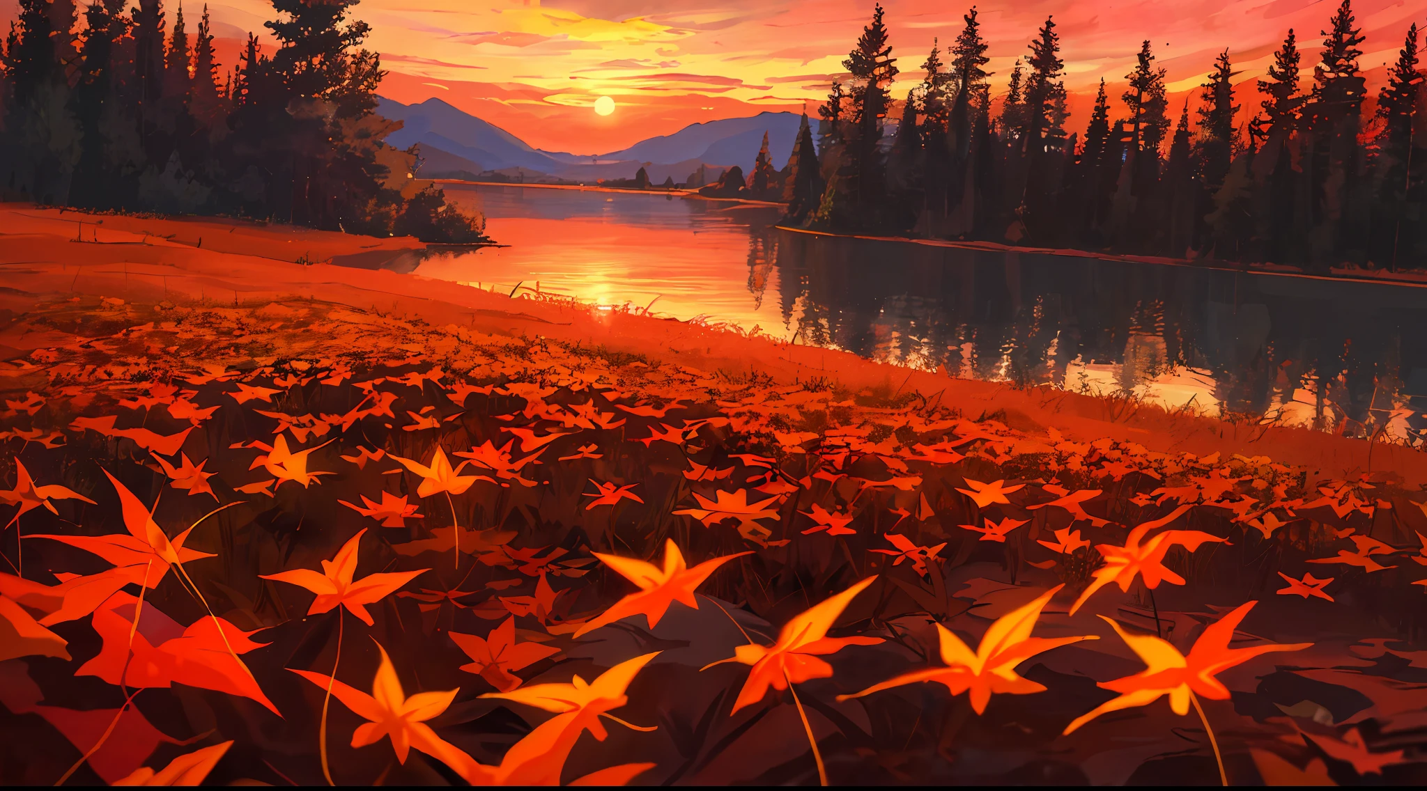 masterpiece,best quality,lycoris,flower field,depth of field,dusk,orange sky,sunset,glow,lake,autumn,maple,fallen leaves