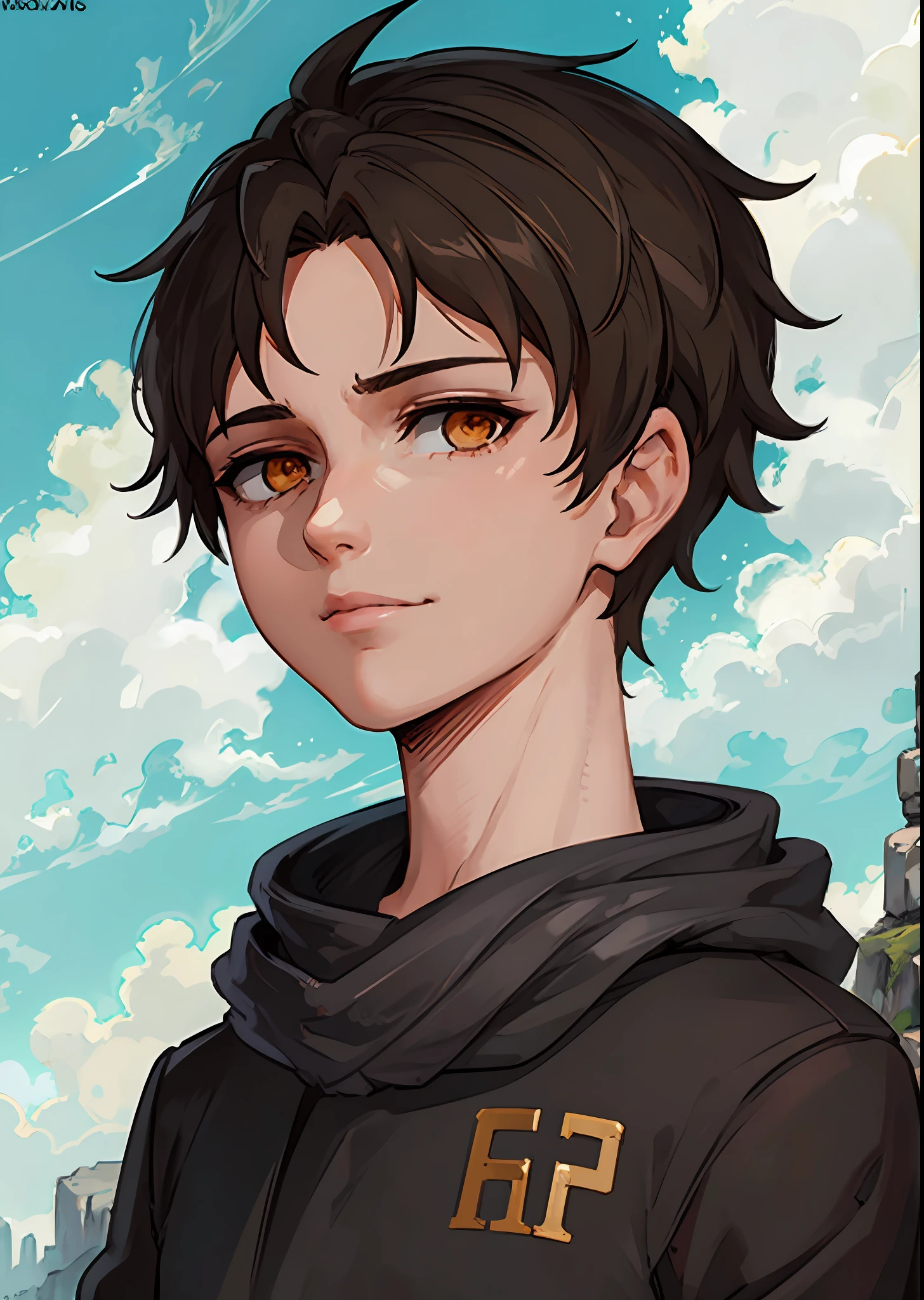 1boy, portrait, ************, closed mouth, smirk, black hair, golden eyes, short hair, white shirt, blood, solo, spectator look, upper body, sky, (masterpiece:1.2, best quality)