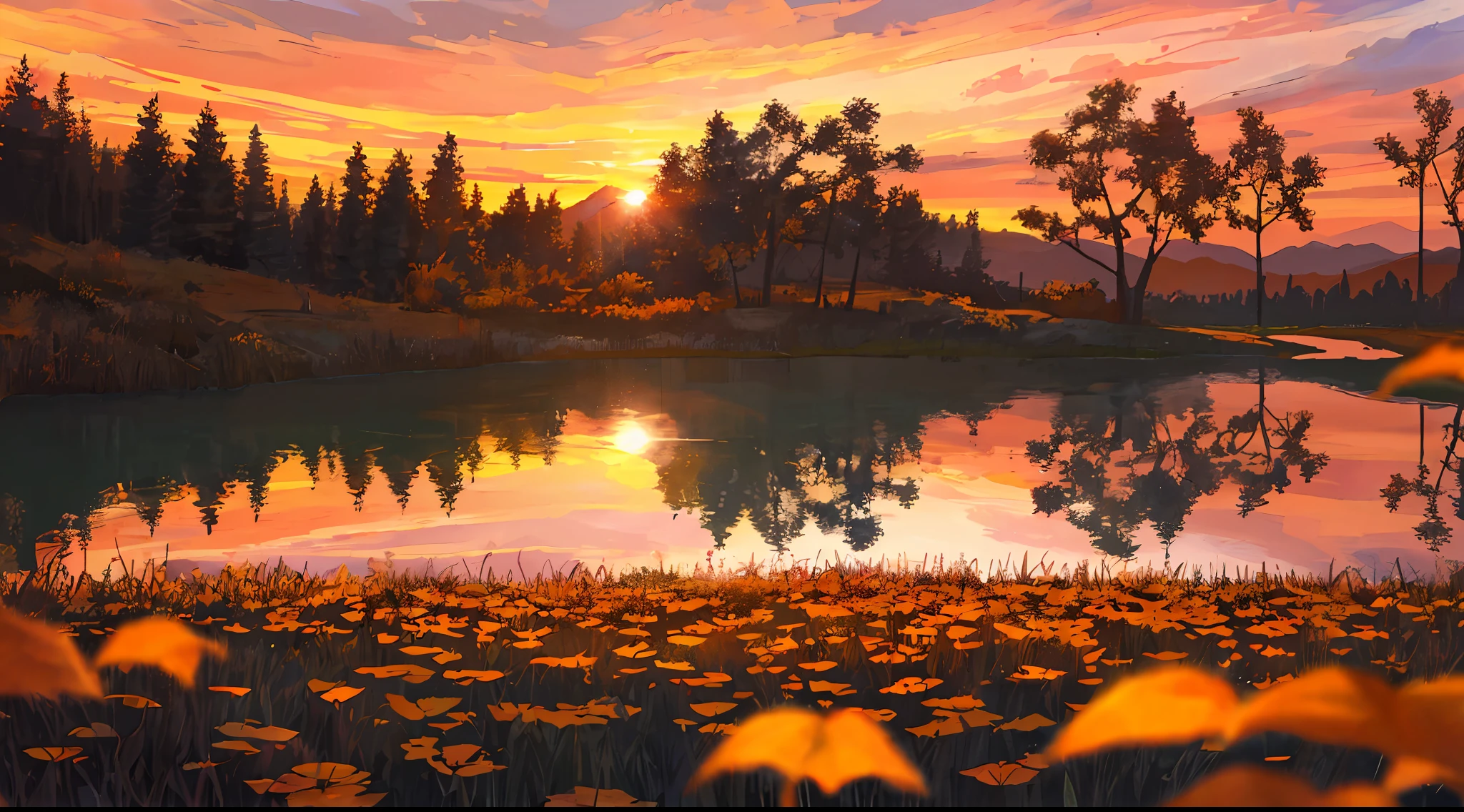 Masterpiece, best quality, flower field, depth of field, dusk, orange sky, sunset, glow, lake, autumn, willow, fallen leaves