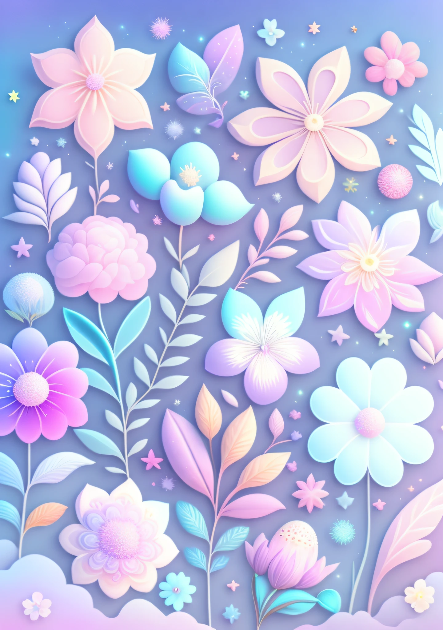 "Various flowers, cartoon illustration, sky in a gradient of pastel colors with twinkling stars. Immerse yourself in a mystical world full of magical elements (weighted at 0.9)."