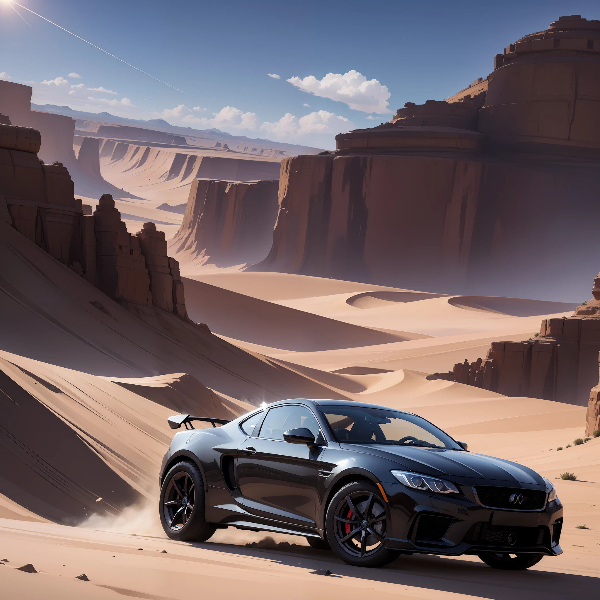 Hyperreal, hyper-realistic wheels, hyper-realistic tires, car paint particles, hyper-realism, desert hyper-realism, sky hyper-realism, halos