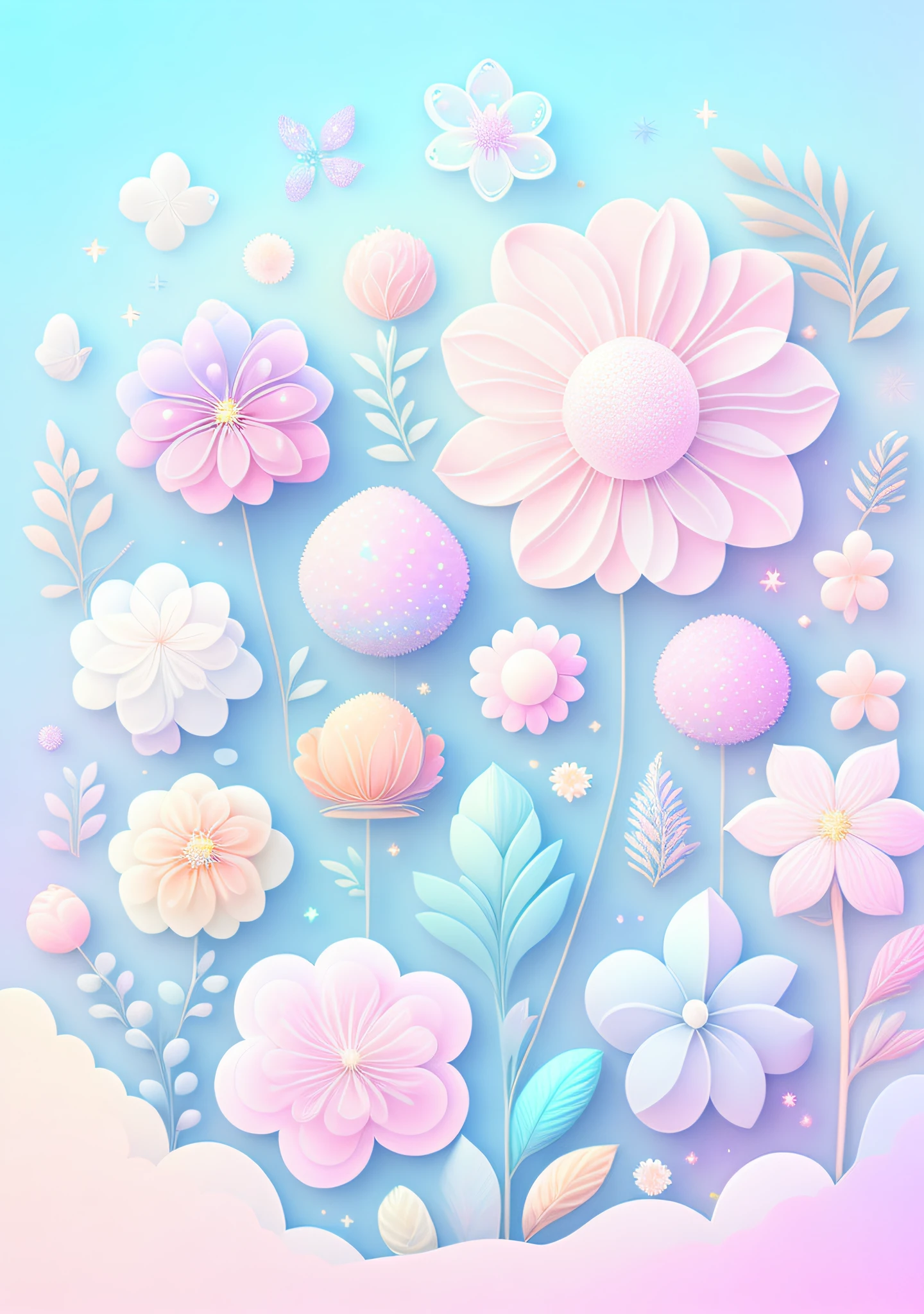 "Various flowers, cartoon illustration, sky in a gradient of pastel colors with twinkling stars. Immerse yourself in a mystical world full of magical elements (weighted at 0.9)."