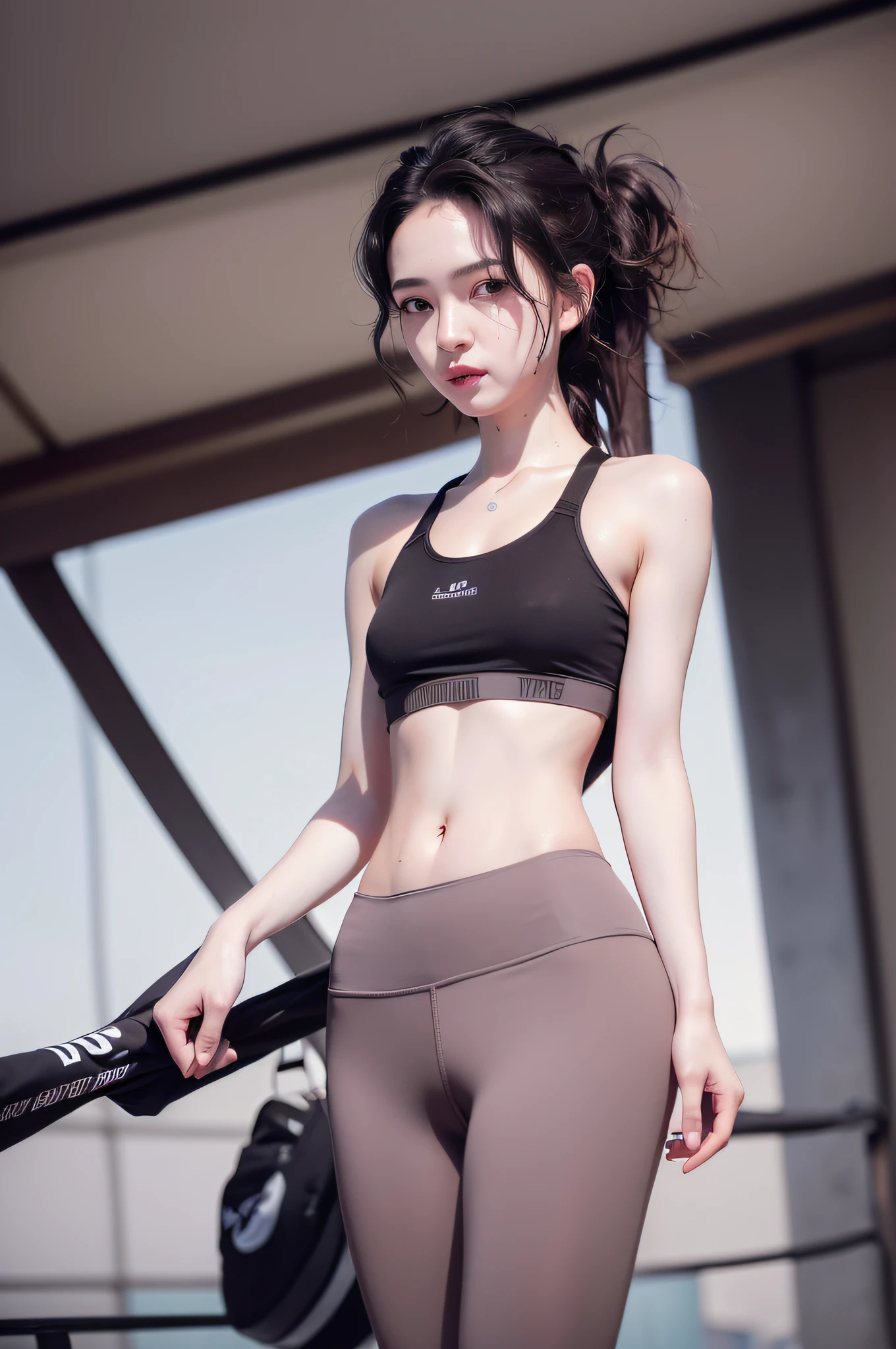 (solo), (a detailed full body RAW photo of a girl), (masterpiece:1.0), (best quality:1.4), (ultra highres:1.2), (photorealistic:1.4), 8k resolution, Canon EOS R5, 50mm, absurdres, ultra detailed, (20 y.o), sharp focus, cinematic lighting, detailed beautiful face, (makeup:1.2), (ulzzang-6500-v1.1), petite figure, detailed skin texture, pale skin, flat chest, (skinny and fit body:1.3), thigh gap, detailed brown hair, sweltering,(very messy hair:1.5), smiling, (sports bra, sports leggings:1.4), realistic glistening skin,(sweating:1.45), slim waist, seductive ,smile,