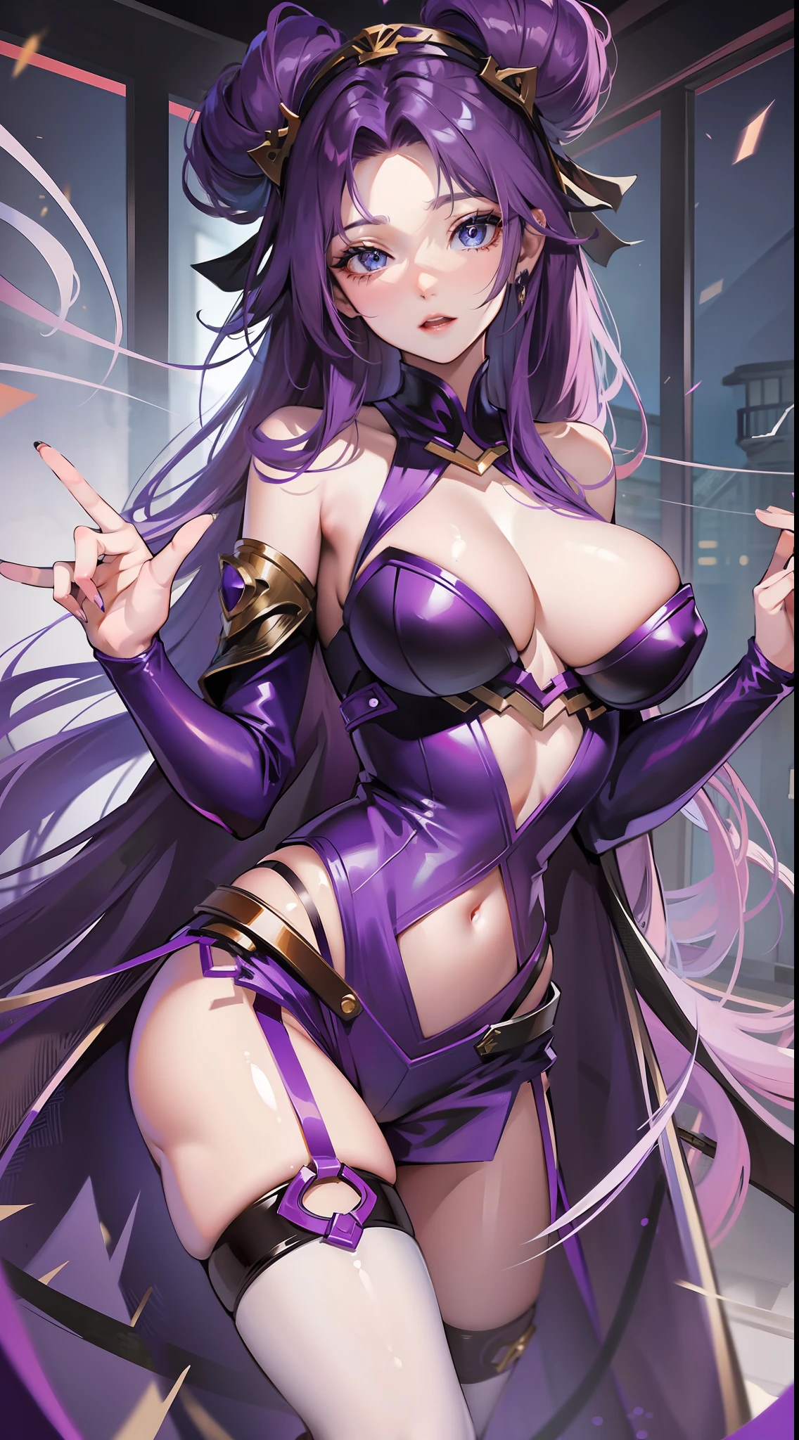 Young girl, long purple hair, blue eyes, Kai'Sa outfit, open chest, claws, masterpiece, high quality