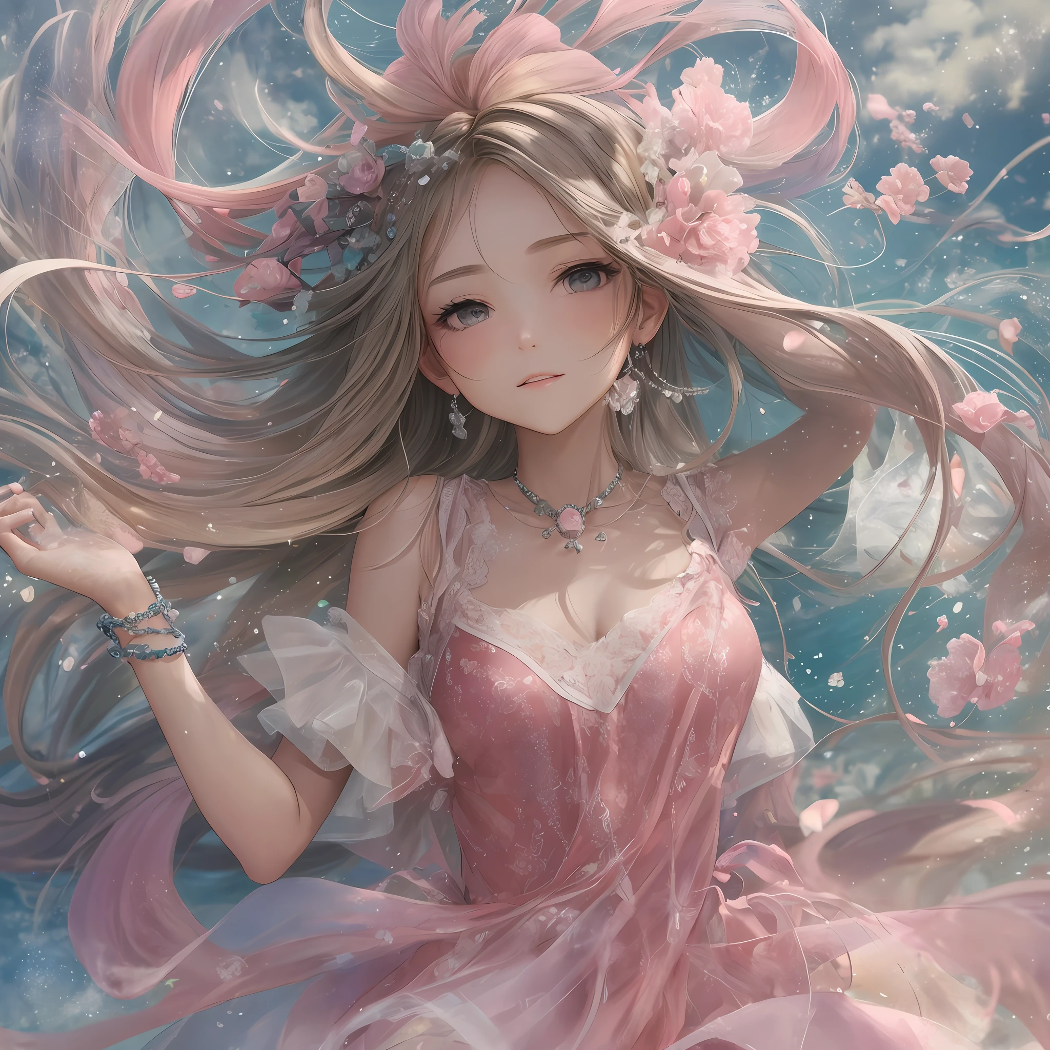 Boutique quality, high-definition details, soft pink long hair dancing in the wind, in (?) Dance in the middle. --auto --s2