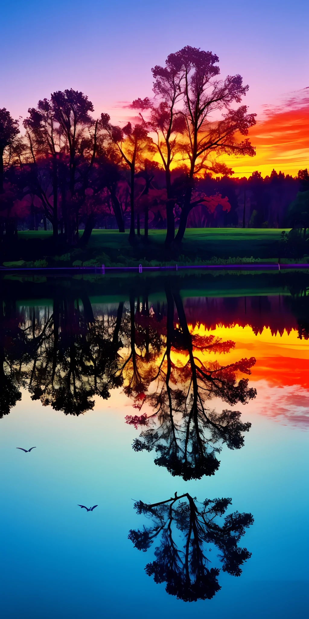 there is a beautiful sunset with a lake and trees in the background, colorful clouds,surreal colors, colorful sunset, colorful sky, marvellous reflection of the sky, stunning sky, dream like atmosphere 8k, colors reflecting on lake, surreal sky, red and blue reflections, fire reflection, beautiful sky, beautiful and spectacular dusk, beautiful dreamy landscape, amazing sky, fantasy type houses , dragons flying in the sky, shadows of gardens in the land