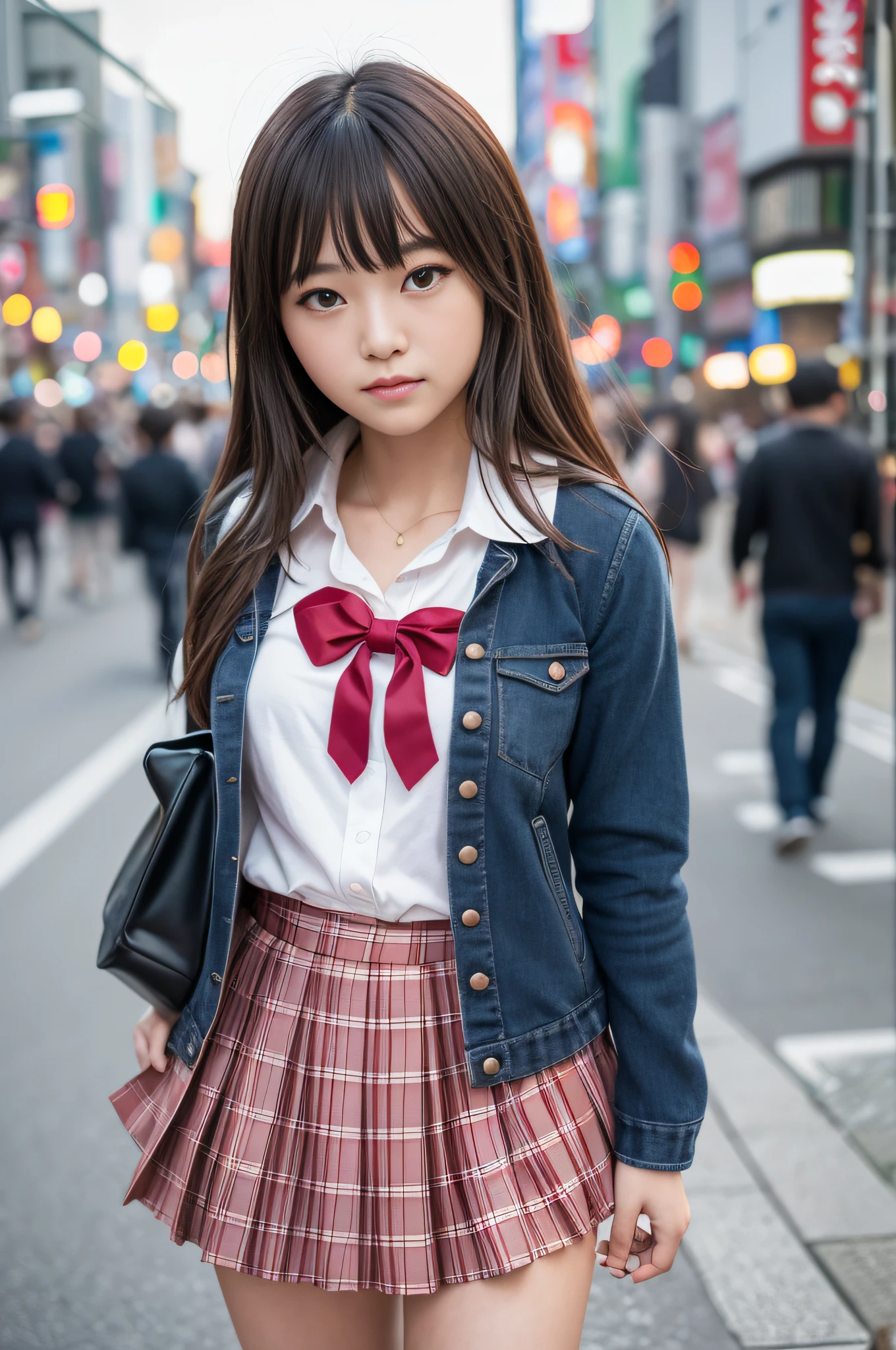 Ultra top quality, masterpiece, ultra high resolution, (photorealistic: 1.4), highly detailed CG Unity 8k wallpaper, detailed and complex, original, high resolution, raw photos, (perfect body shape), finely complex, DSLR, soft lighting, high quality, film grain, depth of field, Leica camera, 50mm lens, backlight, HDR, hyperrealistic, color grade, dynamic pose, portrait, Japan person, smile, lips, bangs, (crowded akihabara: 1.2), front view viewer, natural light, girl, 20 years old, full body, solo, student, high school, uniform, sailor color, bobby socks, pleated skirt, daytime, on the street, deep shadow, cute, beauty, discreet, cold light 12000K\\ street, store status, Akihabara, Shinjuku, Shibuya, Ikebukuro, detailed realism, skin texture, super detailed, realistic skin texture, (dramatic, award-winning photos, incredible masterpieces: 1.3)