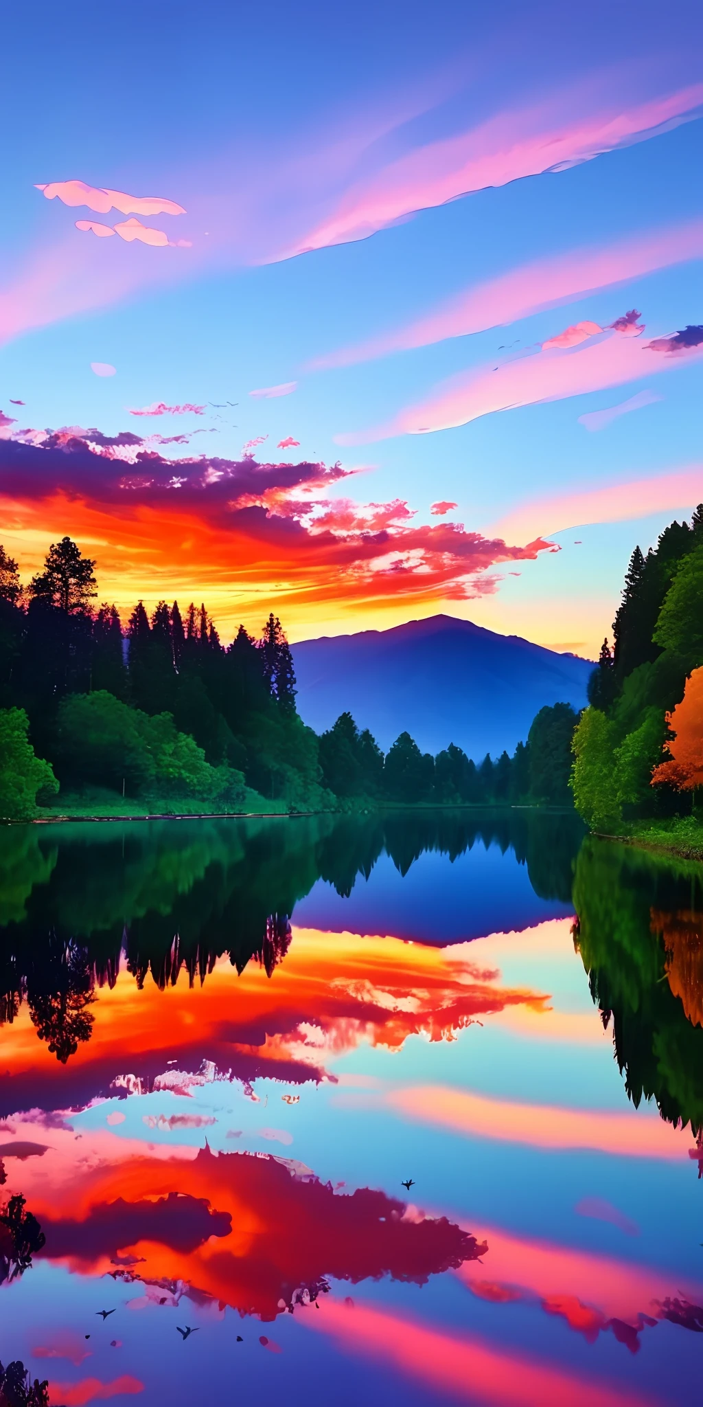 there is a beautiful sunset with a lake and trees in the background, colorful clouds,surreal colors, colorful sunset, colorful sky, marvellous reflection of the sky, stunning sky, dream like atmosphere 8k, colors reflecting on lake, surreal sky, red and blue reflections, fire reflection, beautiful sky, beautiful and spectacular dusk, beautiful dreamy landscape, amazing sky, fantasy type houses , dragons flying in the sky, shadows of gardens in the land