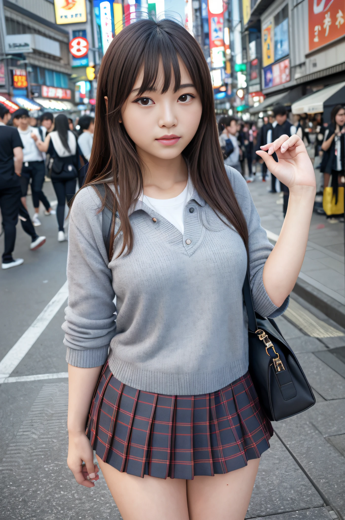 Ultra top quality, masterpiece, ultra high resolution, (photorealistic: 1.4), highly detailed CG Unity 8k wallpaper, detailed and complex, original, high resolution, raw photos, (perfect body shape), finely complex, DSLR, soft lighting, high quality, film grain, depth of field, Leica camera, 50mm lens, backlight, HDR, hyperrealistic, color grade, dynamic pose, portrait, Japan person, smile, lips, bangs, (crowded akihabara: 1.2), front view viewer, natural light, girl, 20 years old, full body, solo, student, high school, uniform, sailor color, bobby socks, pleated skirt, daytime, on the street, deep shadow, cute, beauty, discreet, cold light 12000K\\ street, store status, Akihabara, Shinjuku, Shibuya, Ikebukuro, detailed realism, skin texture, super detailed, realistic skin texture, (dramatic, award-winning photos, incredible masterpieces: 1.3)