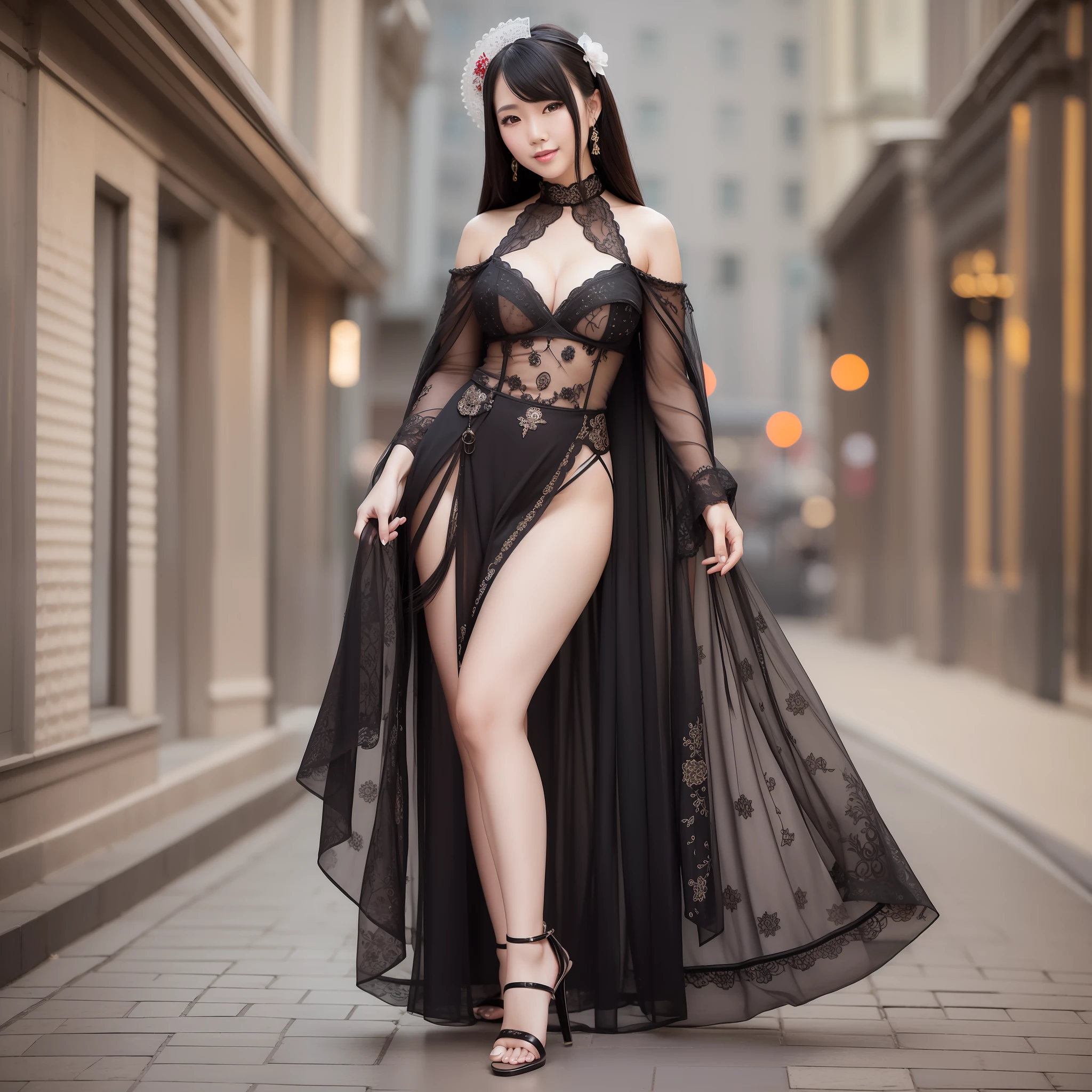 Oriental woman, best quality, high heels, long black hair, looking at the viewer, full body photo, young, ultra-realistic details, modern, depth of field, smile, white lace
