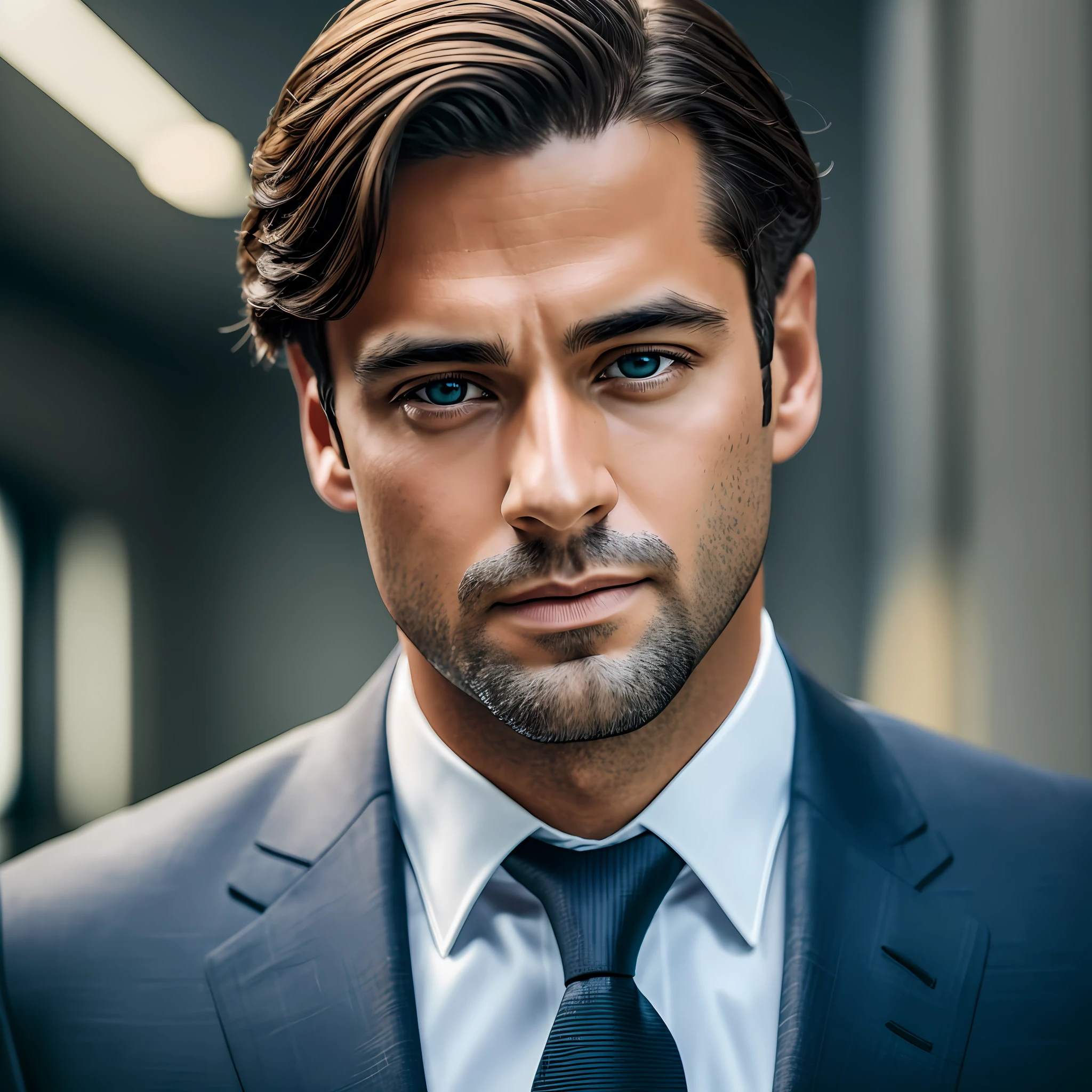 a man standing with 30 years in suit and tie, body and head straight in the photo, (((DSRL)))), facing the viewer of the photo, eyes fixed to the lens, studio photo, appears shoulders and head in the photo, man centered in the photo, 8k, best quality, masterpiece, realistic, (((realistic photo))), movie photo, ultra realistic,  1 person, detailed, perfect lighting, DSRL, professional photo, 4k --auto --s2