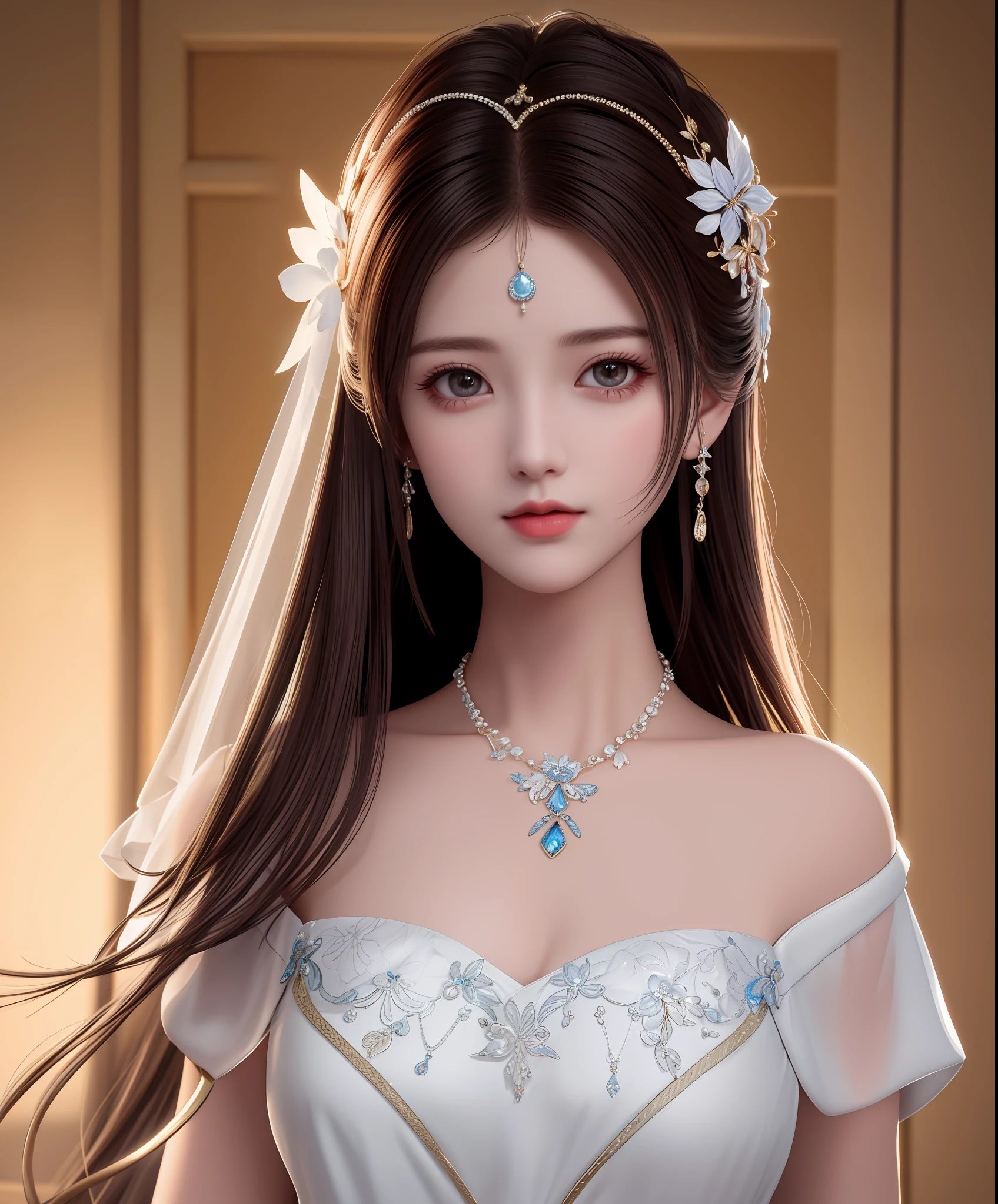 Best quality, masterpiece, high resolution, 1girl, porcelain dress, hair accessories, necklace, jewelry, beautiful face, on the body, Tyndall effect, realistic, dark studio, edge lighting, two-tone lighting, (high detail skin: 1.2), 8k UHD, dslr, soft light, high quality, volumetric light, candid, photo, high resolution, 4k, 8k, background blur,