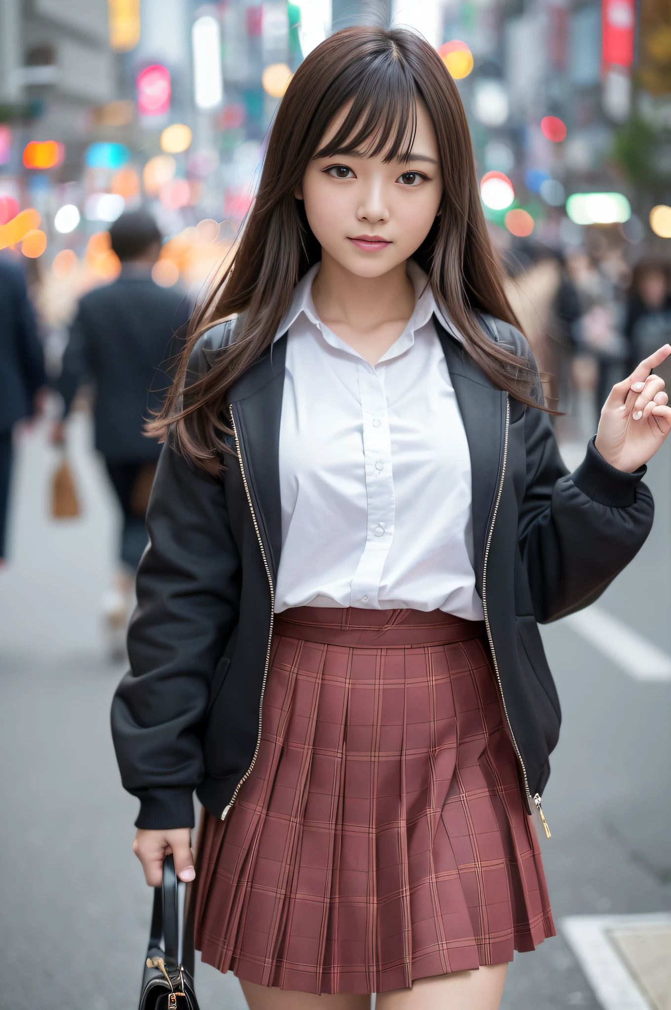 Ultra top quality, masterpiece, ultra high resolution, (photorealistic: 1.4), highly detailed CG Unity 8k wallpaper, detailed and complex, original, high resolution, raw photos, (perfect body shape), finely complex, DSLR, soft lighting, high quality, film grain, depth of field, Leica camera, 50mm lens, backlight, HDR, hyperrealistic, color grade, dynamic pose, portrait, Japan person, smile, lips, bangs, (crowded akihabara: 1.2), front view viewer, natural light, girl, 20 years old, full body, solo, student, high school, uniform, sailor color, bobby socks, pleated skirt, daytime, on the street, deep shadow, cute, beauty, discreet, cold light 12000K\\ street, store status, Akihabara, Shinjuku, Shibuya, Ikebukuro, detailed realism, skin texture, super detailed, realistic skin texture, (dramatic, award-winning photos, incredible masterpieces: 1.3)