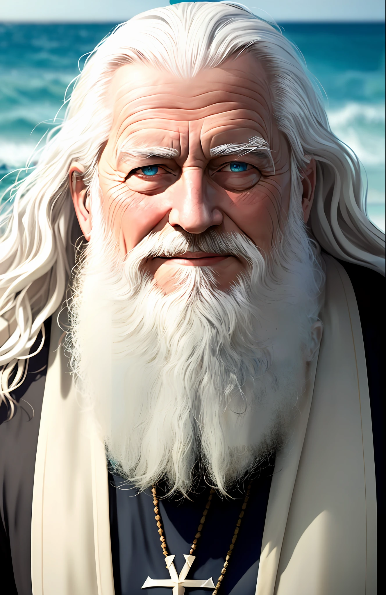 (face portrait of elderly priest in swimwear with bushy wavy white hair and beard, looking at camera:1.2) (smiling:0.8) (nature ocean :1.4) ((photo photogenic photorealistic:1.6)) dusk twilight (character concept art full body portrait:1.4) (botw genshin:0.6) (ghibli:1.0) (god of war:0.6) (horizon zero dawn:0.6) (assassins creed:1.0) (star wars:1.0) (star trek:1.0) (horizon forbidden west:0.6) (photo photogenic hdr sharp focus intricate detail composition rule of thirds dof 8k hires reflections bloom saturated glow dawn:1.2) (particles:0.8)