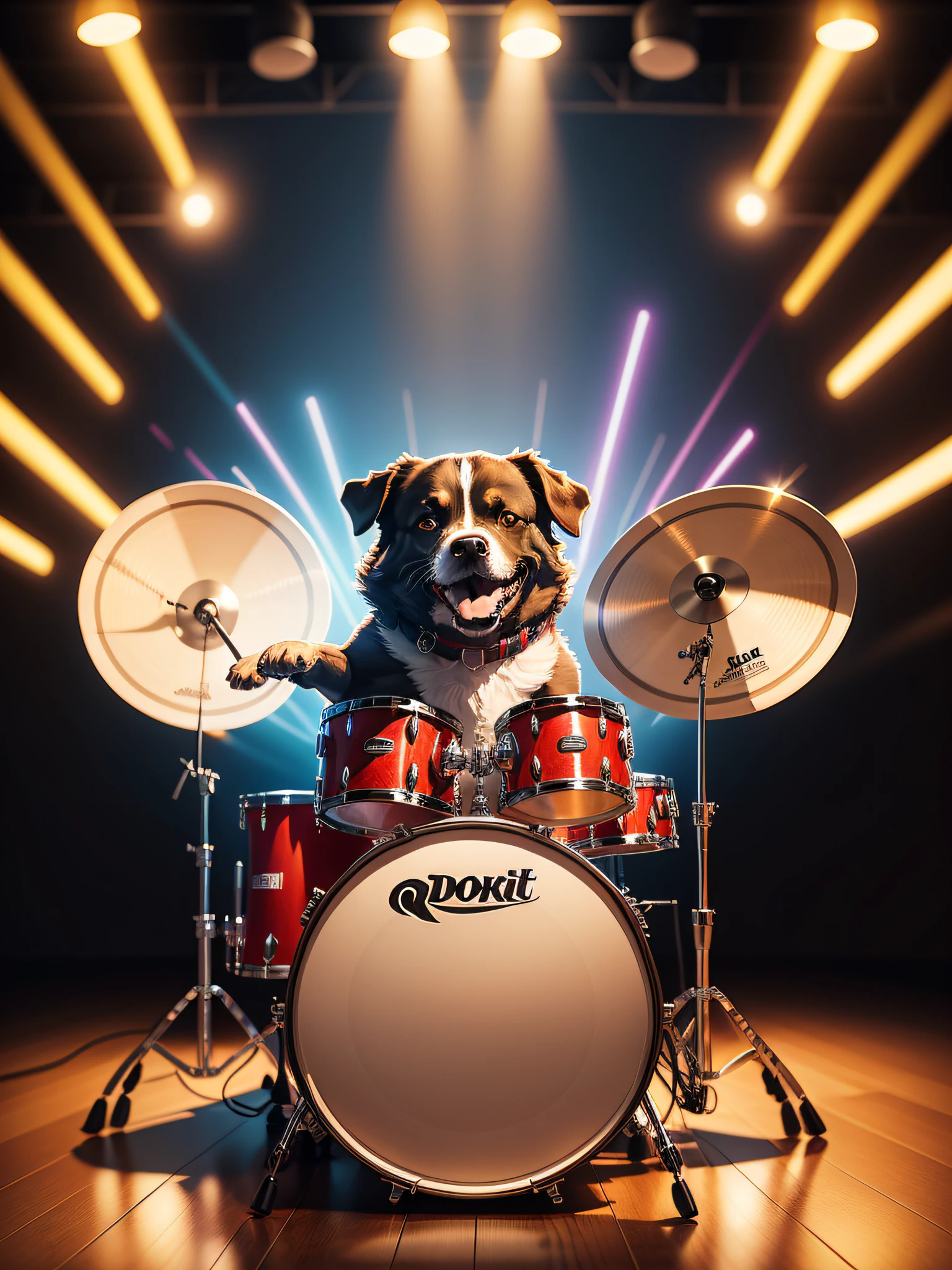 funny caricature of a dog playing realistic drums, vibrant lighting and energy, colored lights illuminating the environment