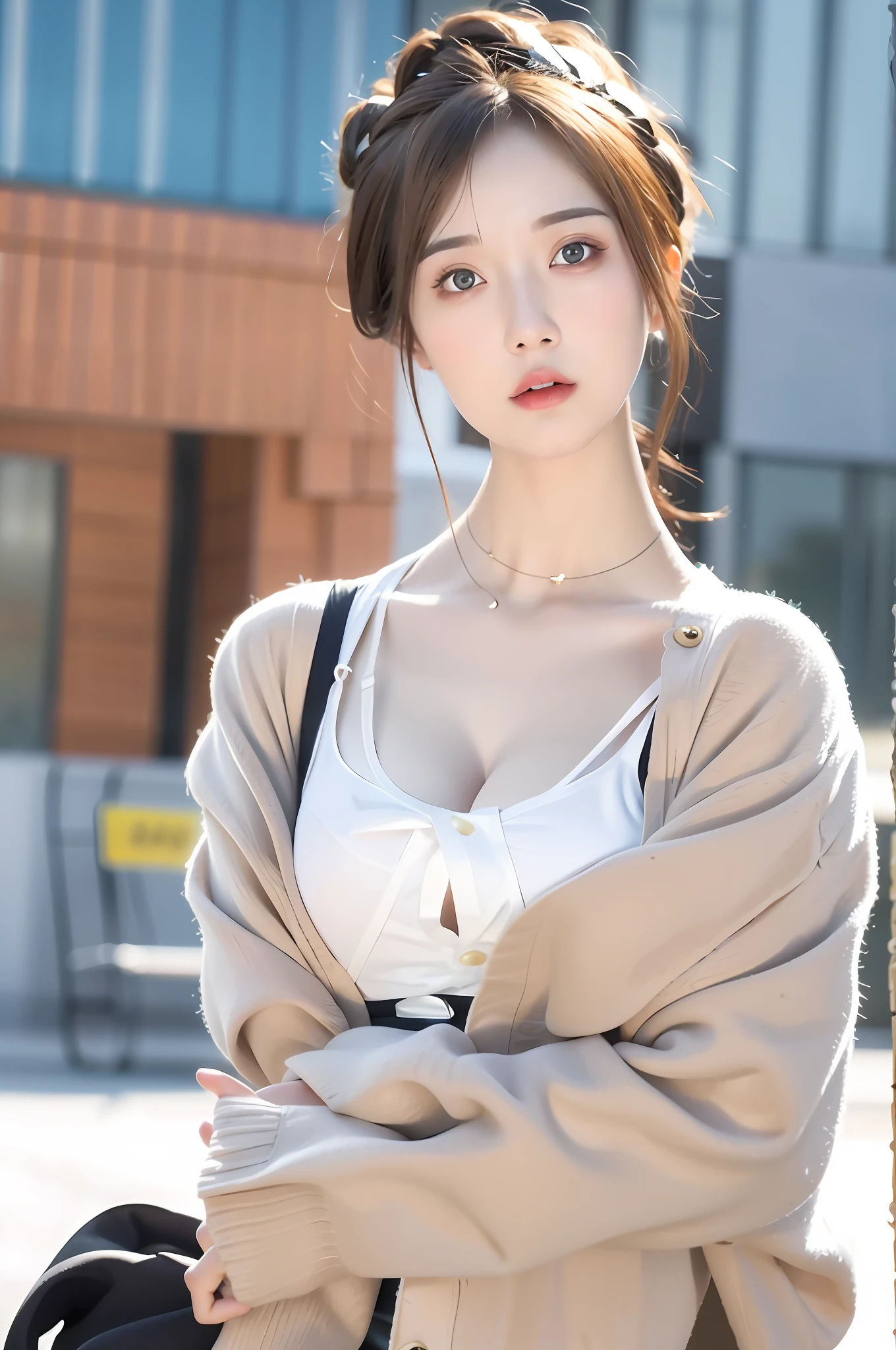 Incomparable masterpiece, perfect artwork, ((perfect female figure)), short hair, blonde hair, thin, realism, solo, (realism: 1.4), best quality, super high resolution, 1girl, porcelain, kpop ido, full body, gray cardigan, (C cup), beautiful, masterpiece, best quality, very detailed face, perfect lighting, solo, plain makeup, best quality, super high resolution, (realistic:1.4), super detailed, masterpiece, best quality, 👍 ulzzang -6500-v1.1