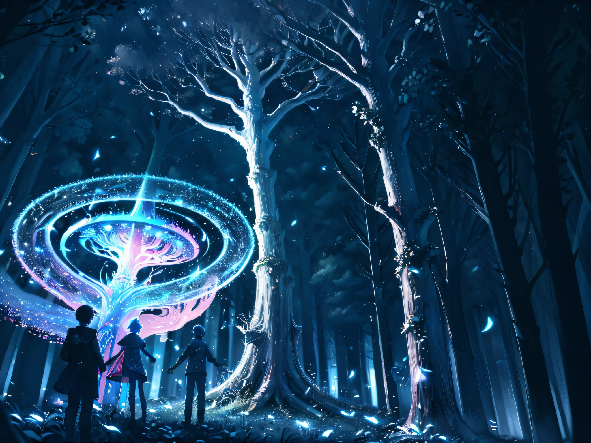 anime scene of a group of people standing in a forest, concept art magical highlight, anime fantasy artwork, anime art wallpaper 4k, anime art wallpaper 4 k, cyber space forest scene, anime fantasy illustration, anime art wallpaper 8 k, anime epic artwork, makoto shinkai cyril rolando, magical concept art, 4k anime wallpaper