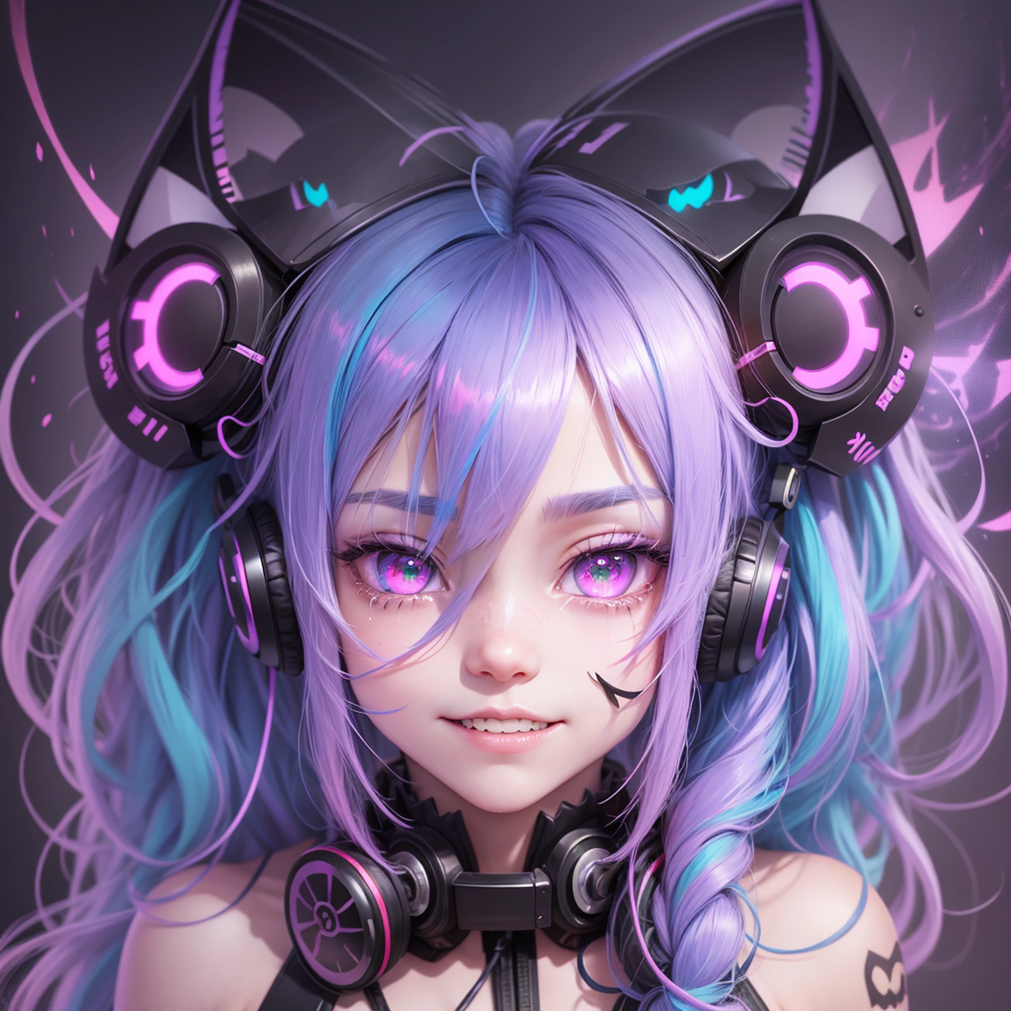 hair one side up, neon hair, cloud hair, demon horns, scar on cheek, mouth mask, headphones, multiple hair bows, hollow eyes, streaming tears, bat ears, smile, shy, upside-down, ray tracing, reflection light, high detail, anime, 1080P, high details --auto --v 6 --s2