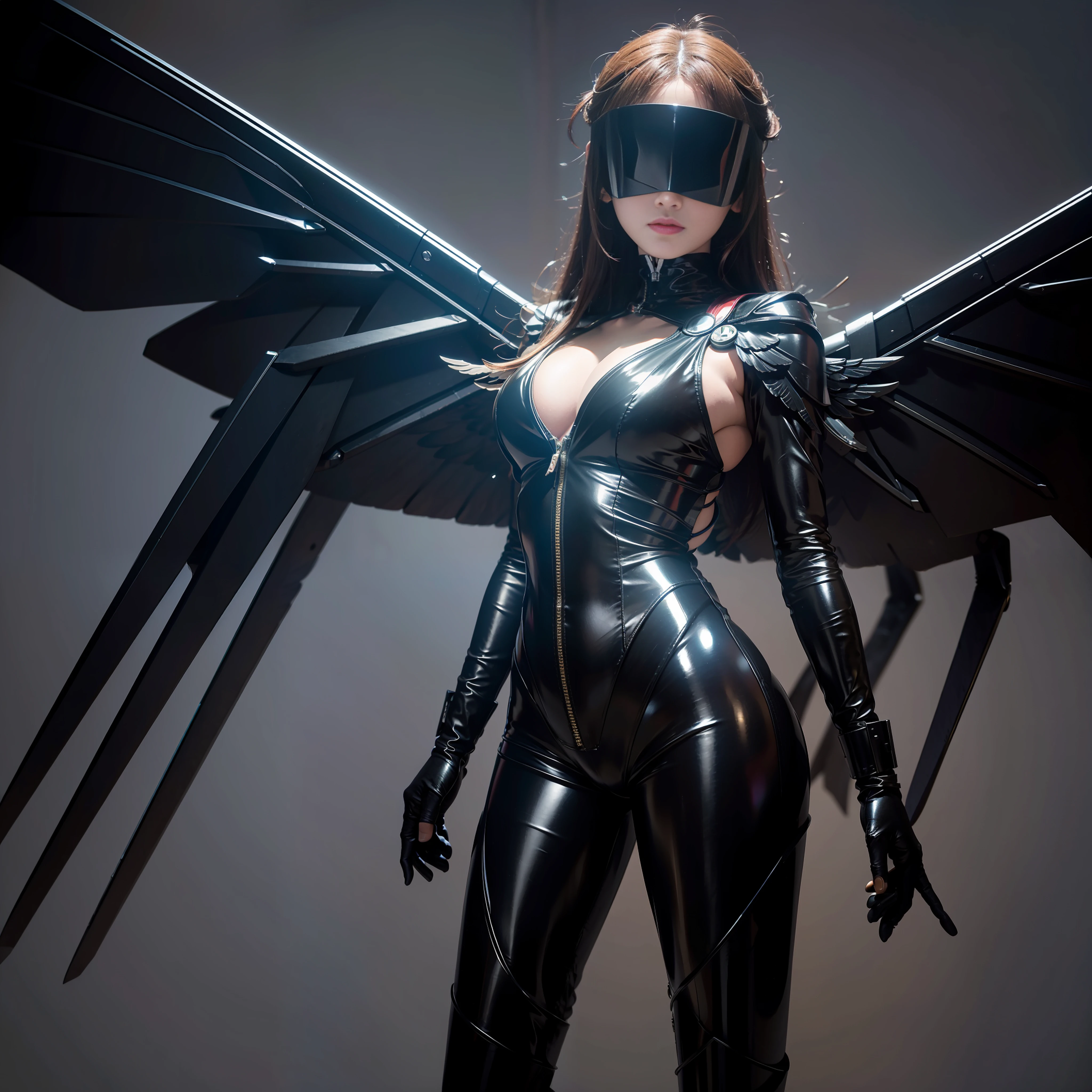 Best image quality, SLR, 1 woman (Alafor), Japan person, mechanical bodysuit, big (1.5), perfect body, mechanical big wings, beautiful wings, black wings, symmetry, mechanical wings, whip body type, blindfolded,