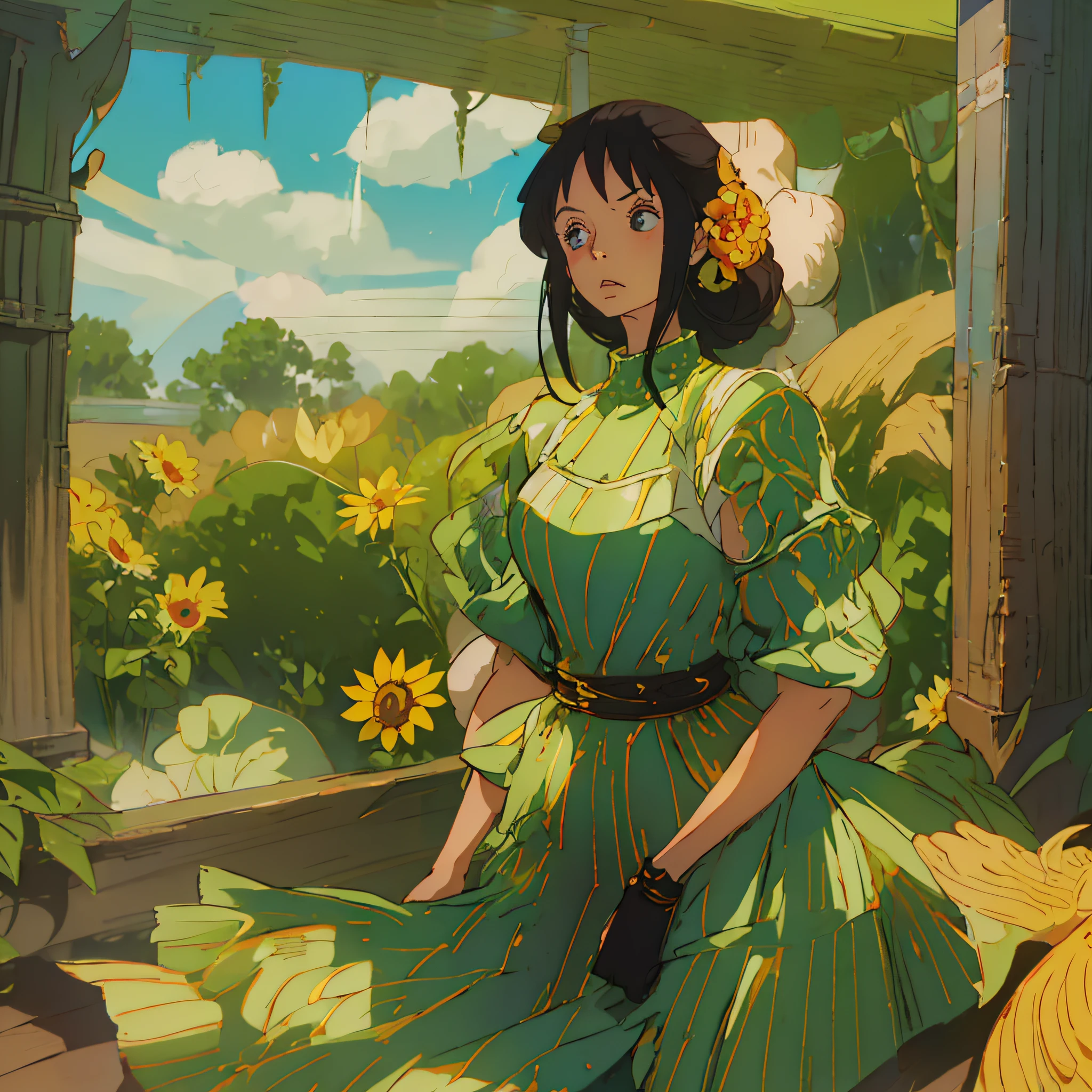 A young peasant girl with long black hair wearing a dress with muscular arms and muscular legs exposed in a combat pose, with a field cottage filled with sunflowers and trees in the background wearing the style of Isometric Anime