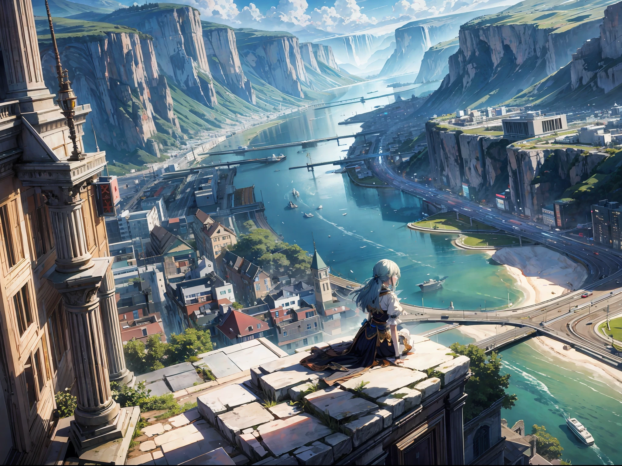 anime girl sitting on a ledge overlooking a city and a river, best anime 4k konachan wallpaper, 2. 5 d cgi anime fantasy artwork, intricate ornate anime cgi style,BREAK,Detailed,Realistic,4k highly detailed digital art,octane render, bioluminescent, BREAK 8K resolution concept art, realism,by Mappa studios,masterpiece,best quality,official art,illustration,ligne claire,(cool_color),perfect composition,absurdres, fantasy,focused,rule of thirds