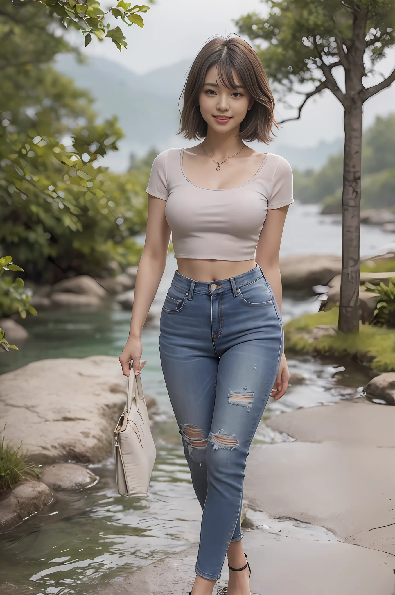 Realistic, photorealistic, 16k HD, masterpiece: 1.5, focus: 1.5, Allard asian woman in crop top tight long jeans and stylish sheer short sleeves, background: 1.5 (foot of the mountain, creekside, dating), cute schoolgirl with slim and perfect figure, ( fashionable hairstyle: 1.2), Japanese 18 year old girl wearing long skinny jeans wearing ripped skinny long jeans (low waist crop top, micro-flared, long trousers: 1.5), (ripped : 0.6), (branded jeans: 1.5, Realistic detailed jeans texture and stripes: 0.8, Realistic detailed jeans graininess: 0.8), wearing stylish sheer tight short sleeves (brand: 1.5, slim, realistic clothing texture: 1.5), wearing stiletto heel sandals (delicate stiletto heels crystal band sandals, high quality: 1.2), surreal schoolgirl, dressed as a schoolgirl, surreal schoolgirl, realistic schoolgirl, walking, schoolgirl posing, model pose, dating, shooting full body ((full body: 1.8)), Beautiful skin, glowing skin, slender slim beautiful thighs, perfect thighs, perfect calves, white and tender toes, beautiful breasts: 1.5, beautiful breasts: 1.5, beautiful buttocks: 1.5, best quality, white skin, real skin, (detail face), goose egg face, pores, super high resolution, (8k, RAW photo, photorealistic:1.4), 1girl, slim, (smile, teeth and tongue:1.2, look at the audience with a serene goddess-like look happiness:1.2), ( fashion hairstyle: 1.2, lip gloss, eyelashes, glossy face, best quality, super high resolution, wide lighting, natural shadows), ((fair pink toes: 1.5, stilet strap sandals: 1.5))), shoot the whole body (1.8) --auto --s2
