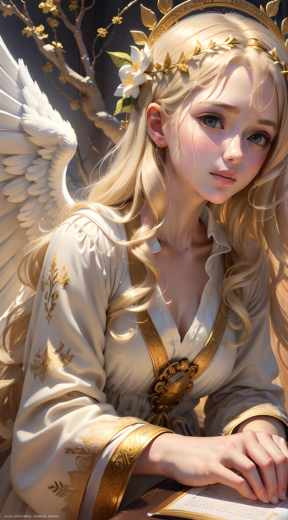 (heavenly teacher), masterpiece, the highest quality, incredibly detailed illustration, (angel:1.5, biblical:1.3, metatrom:1.3), portrait of the angel's face, angel's golden blond hair, large, white angel's wings, surrounded by a comforting divine light.