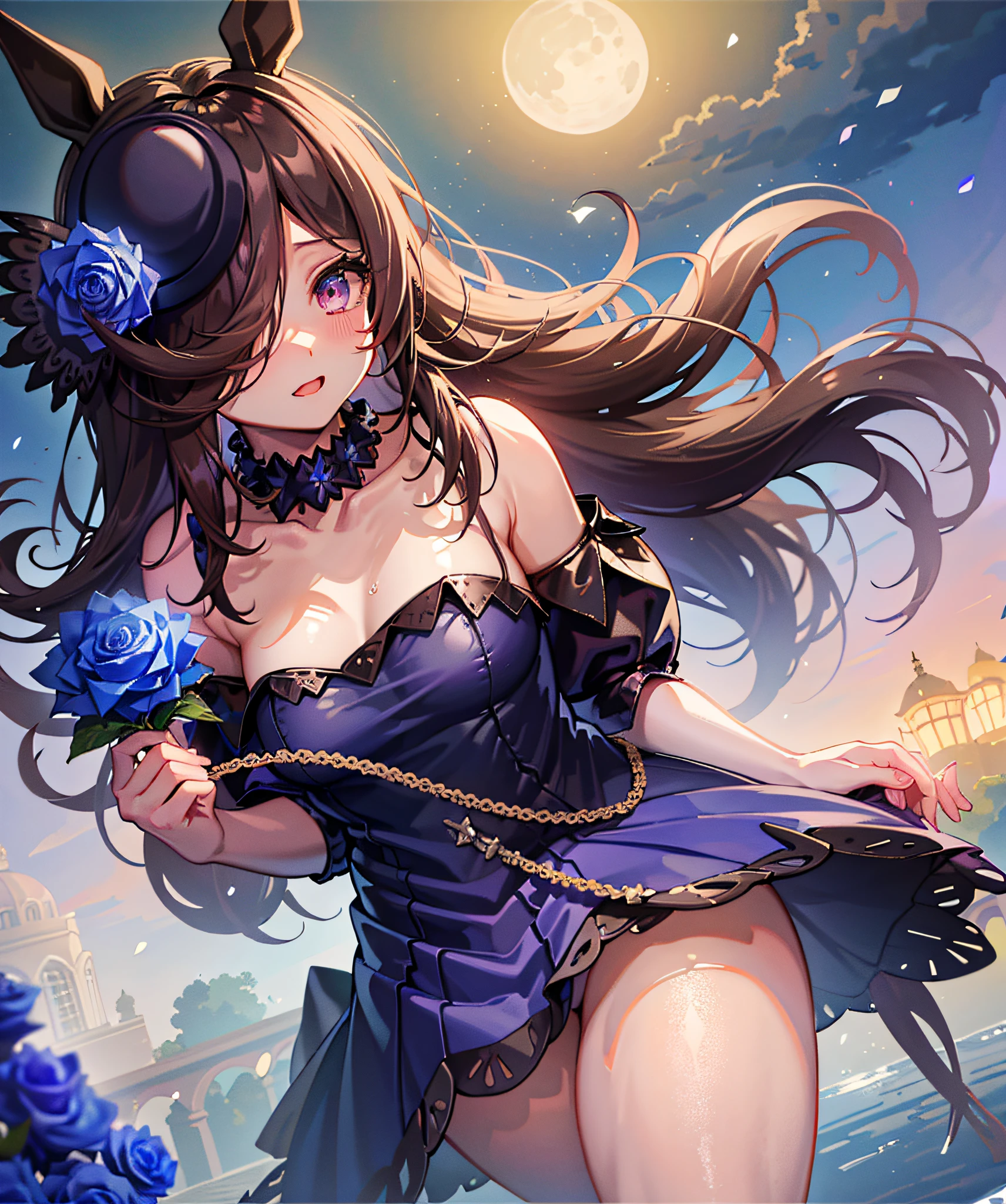 (A Masterpiece、BEST QUALITY)、Field of blue plants and flowers、Warm moonlight、blurry foreground、river bank、FRILLS、Light Blue Alice Dress、white tights、garterbelt、Skia...、Niyashi、Blushing、RiceShower,(masterpiece),A illustration、,(RiceShower \(umamusume\)),brown Hair,long hair,purple eyes,swept bangs,long bangs,long hair,tiny breasts,hair covers right eye,