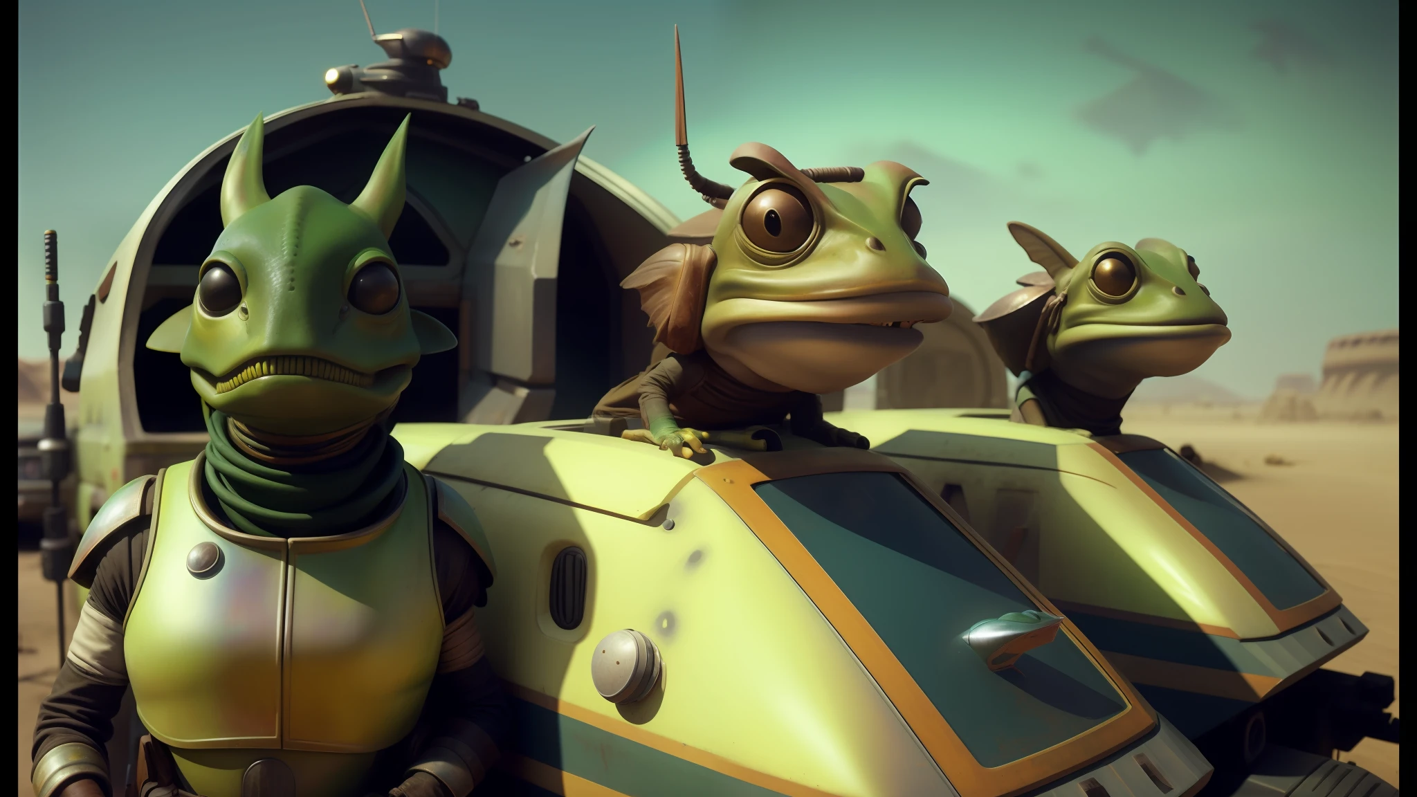 there are three alien heads on the back of a vehicle, standing in a cantina, colorkey scene, realistic faces and details, chroma green background, war boys, mousefolk, fishpeople, land of advanced races, tie, exotic costumes, frogs, spaceport, beetles