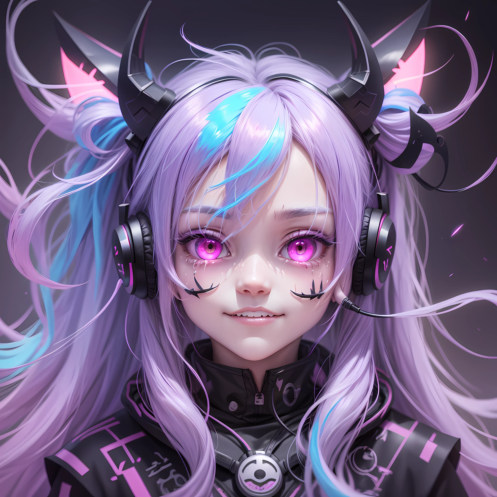 hair one side up, neon hair, cloud hair, demon horns, scar on cheek, mouth mask, headphones, multiple hair bows, hollow eyes, streaming tears, bat ears, smile, shy, upside-down, ray tracing, reflection light, high detail, anime, 1080P, high details --auto --v 6 --s2