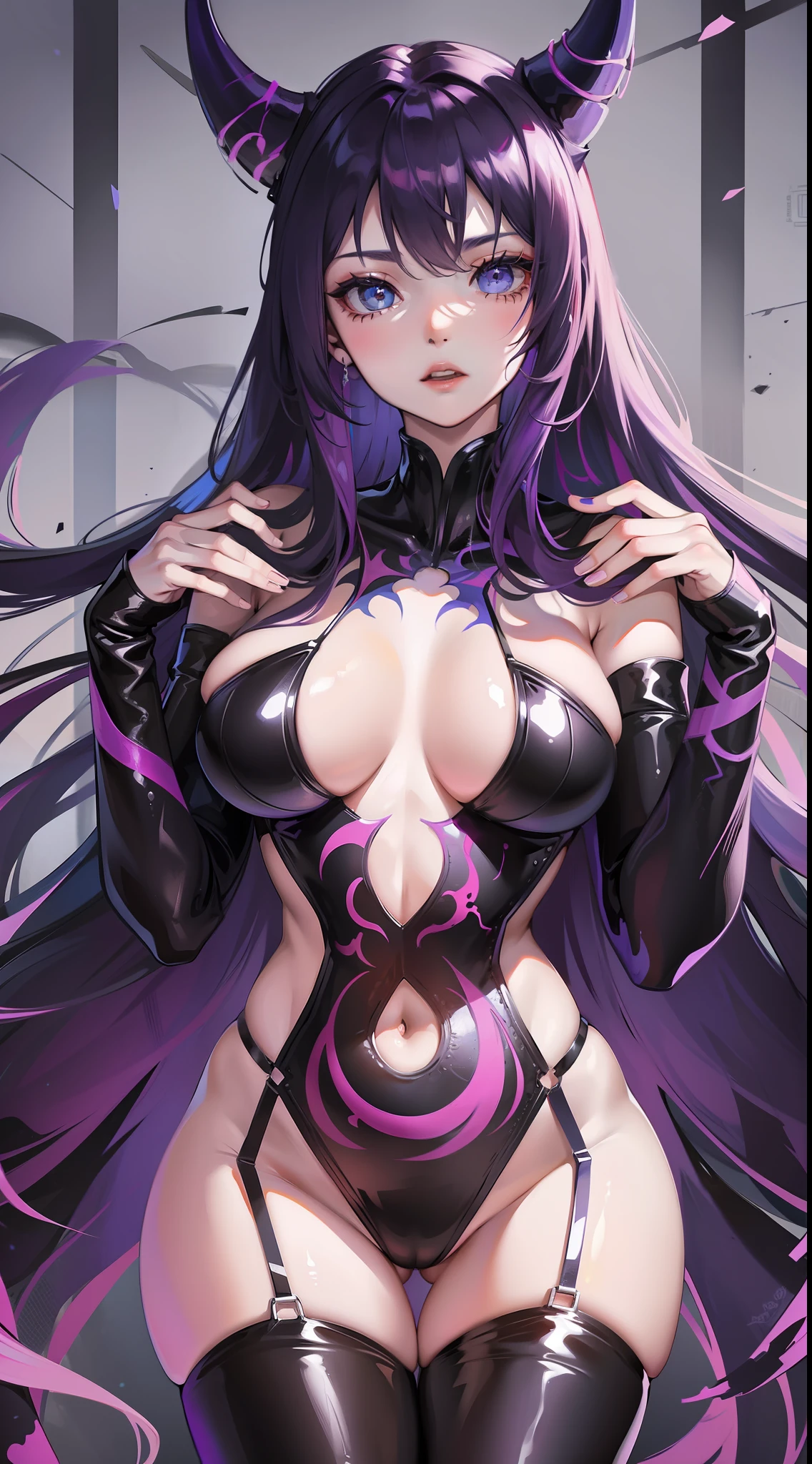Young girl, long purple hair, blue eyes, Venom symbiote, open chest, claws, masterpiece, high quality