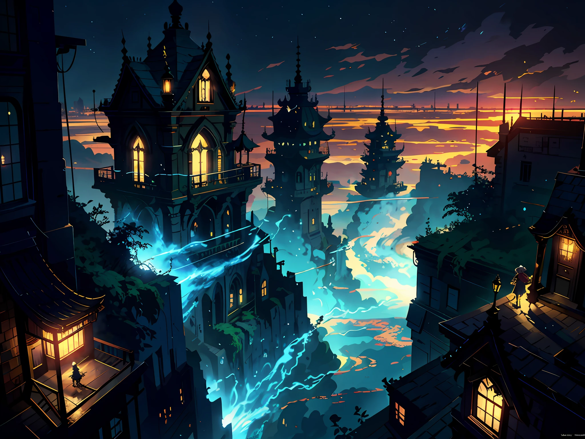 anime girl sitting on a ledge overlooking a city and a river, best anime 4k konachan wallpaper, 2. 5 d cgi anime fantasy artwork, intricate ornate anime cgi style,BREAK,Detailed,Realistic,4k highly detailed digital art,octane render, bioluminescent, BREAK 8K resolution concept art, realism,by Mappa studios,masterpiece,best quality,official art,illustration,ligne claire,(cool_color),perfect composition,absurdres, fantasy,focused,rule of thirds
