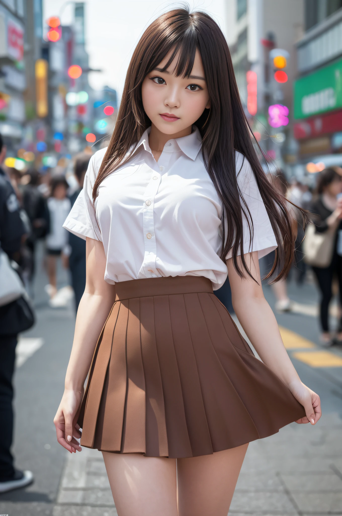 Ultra top quality, masterpiece, ultra high resolution, (photorealistic: 1.4), highly detailed CG Unity 8k wallpaper, detailed and complex, original, high resolution, raw photos, (perfect body shape), finely complex, DSLR, soft lighting, high quality, film grain, depth of field, Leica camera, 50mm lens, backlight, HDR, hyperrealistic, color grade, dynamic pose, portrait, Japan person, smile, lips, shortcut, bangs, (crowded akihabara: 1.2), front view viewer, natural light, girl, 20 years old, full body, solo, student, high school, uniform, sailor color, bobby socks, pleated skirt, daytime, on the street, deep shadow, cute, beauty, discreet, cold light 12000K\Street, store status, Akihabara, Shinjuku, Shibuya, Ikebukuro, detailed realism, skin texture, super detailed, realistic skin texture, (dramatic, award-winning photos, incredible masterpieces: 1.3)