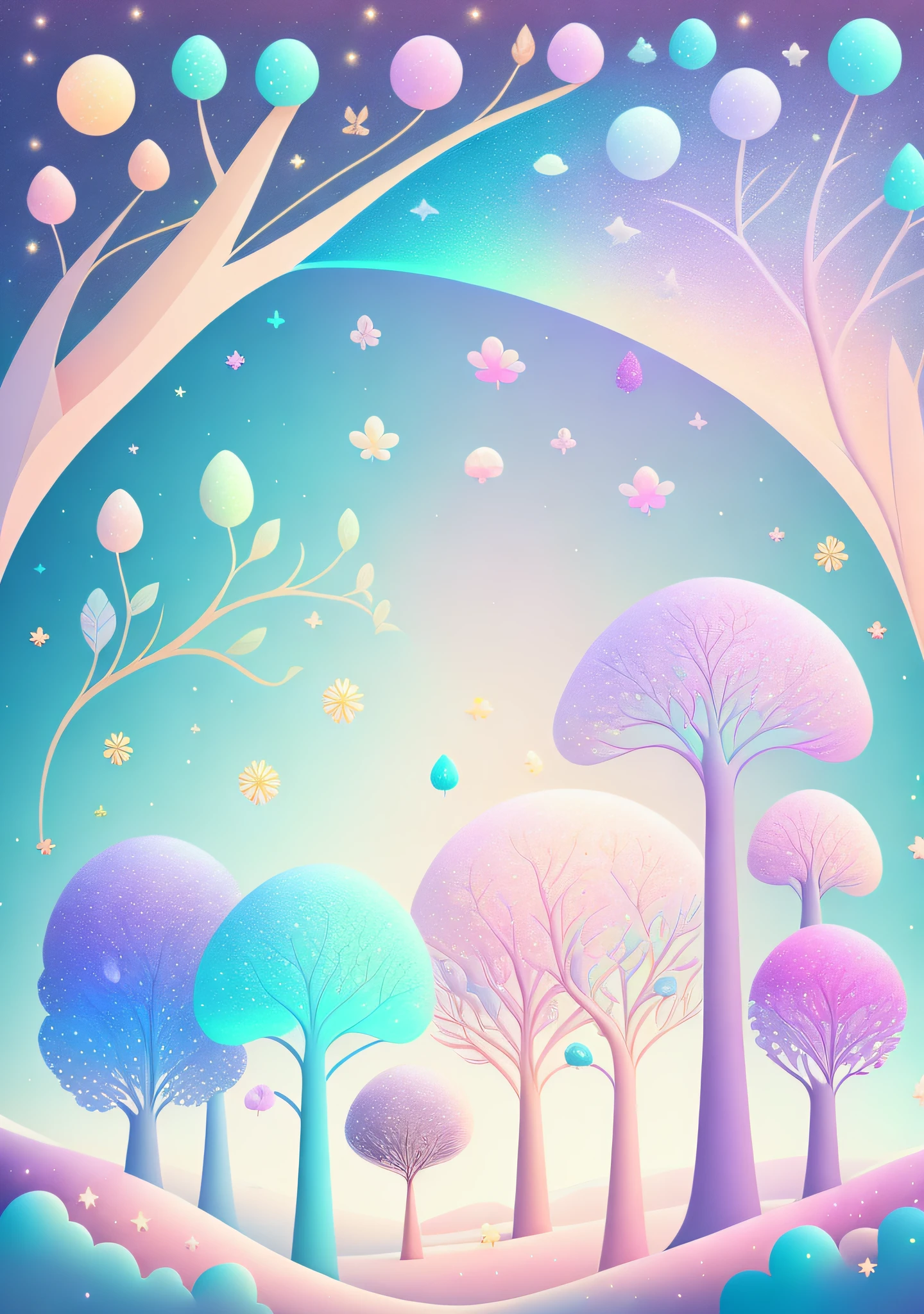 "Several trees, cartoon illustration, sky in a gradient of pastel colors with twinkling stars. Immerse yourself in a mystical world full of magical elements (weighted at 0.9). Enjoy the touch of magic as you explore the picturesque contours of flowers embedded in the scenery (weighing 0.8)."