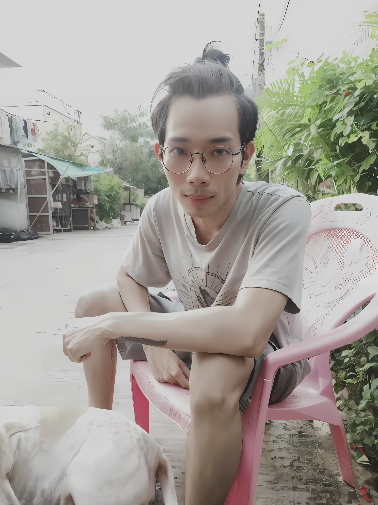 there is a man sitting in a chair with a dog, thawan duchanee, 2 , 2 8 years oldty photograph, nivanh chanthara, around 1 9 years old, 2 9 yearsuality photo, h3 0 years old, he is about 30 years old, very very low quality picture