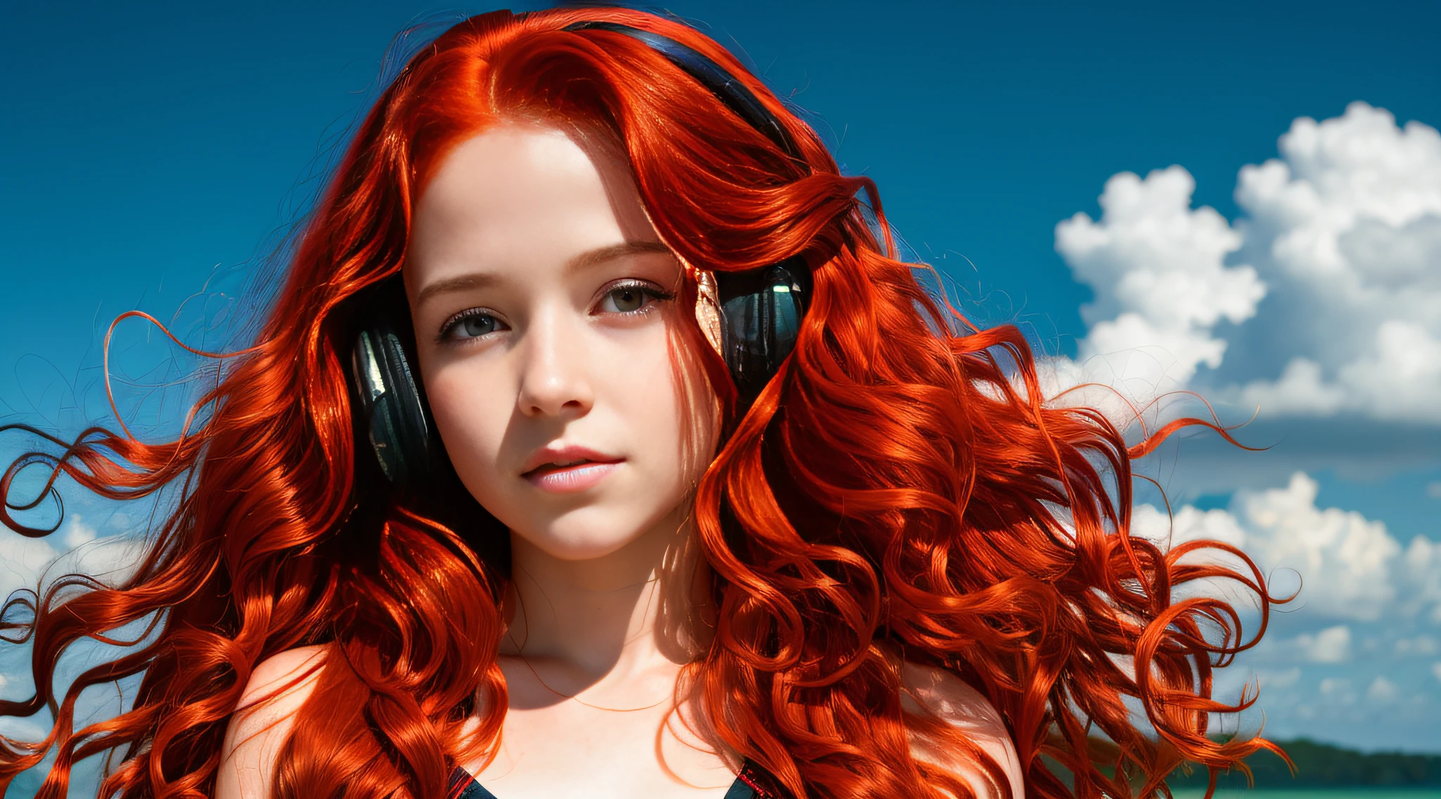 girl CHILD 10 years old, PORTRAIT STYLE, with headphones holding a Pink Floyd album, The Dark Side of the Moon, with red hair and jewelry posing for a photo, very long wavy fiery red hair, orange skin and long burning hair, long curly red hair, bright long red hair, long stream of red hair,  fiery red hair, big wavy red hair, red hair and attractive features, red curly hair, flowing orange hair, very long flowing red hair, flowing red hair