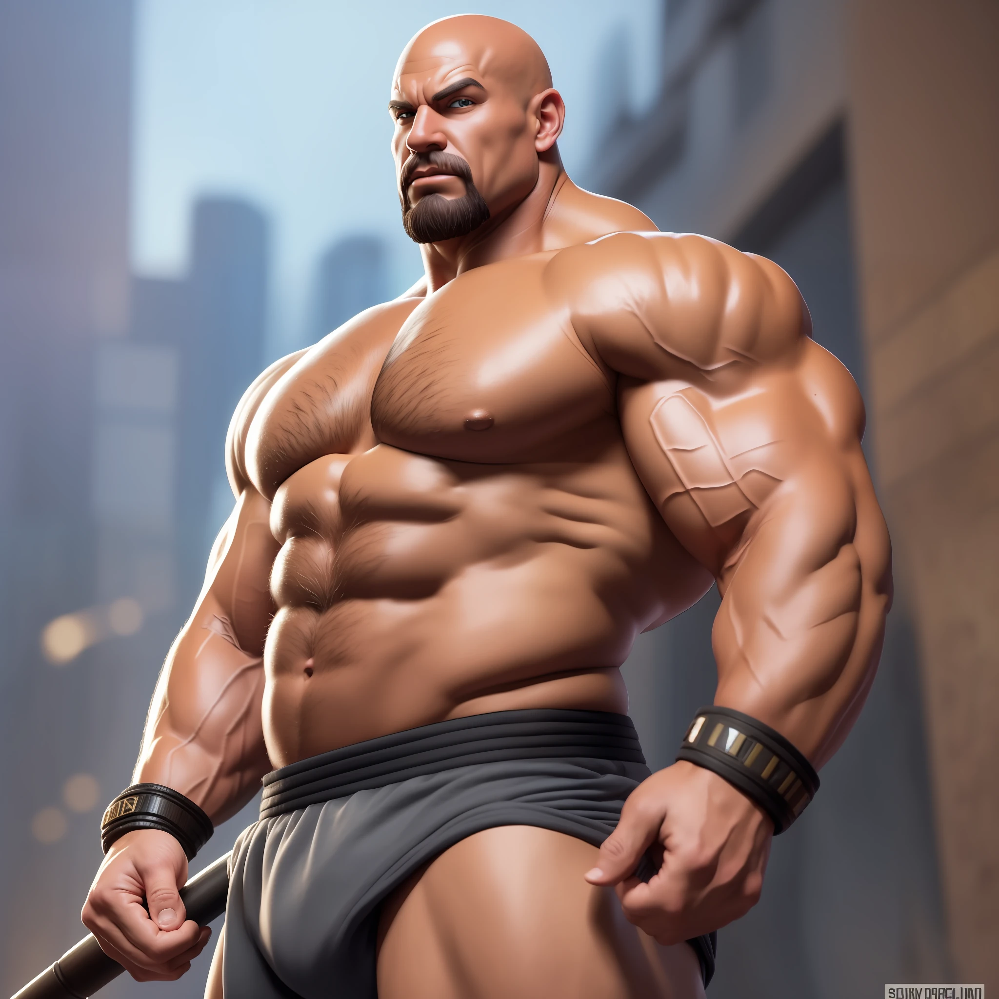 A huge muscular handsome bodybuilder, bald head, mid 40s, hairy body, three-dimensional, intricate, traditional 2D animation, cell animation, cartoon, He-man HQ style