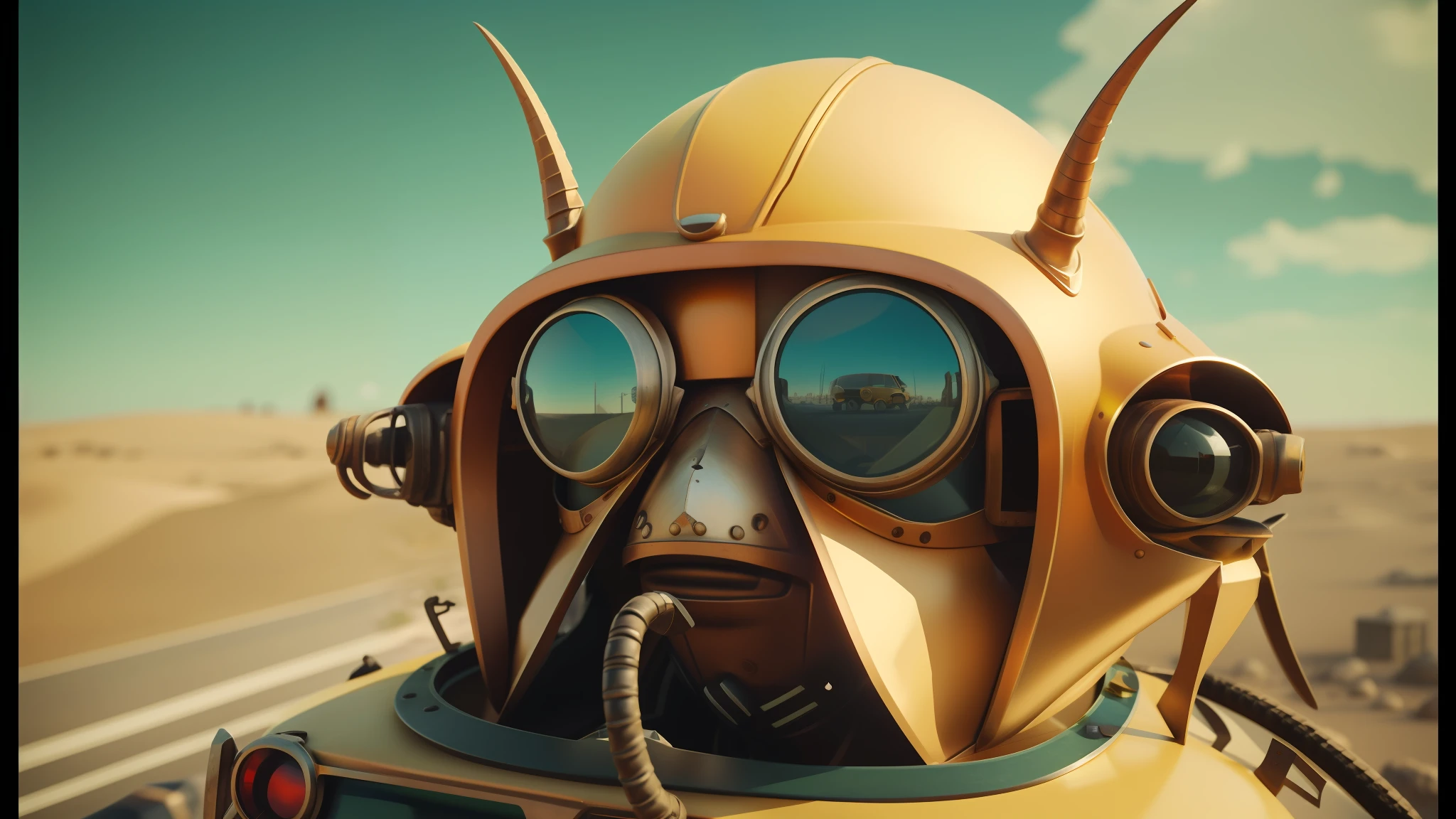 there is a man in a helmet and goggles on a motorcycle, 3d bee made of metal, in a war - torn desert village, 2d cinematic, inspired by Emil Bisttram, tardigrade wearing sunglasses, futuristic taxi, rabbit shaped helmet, in a horned helmet, beetles