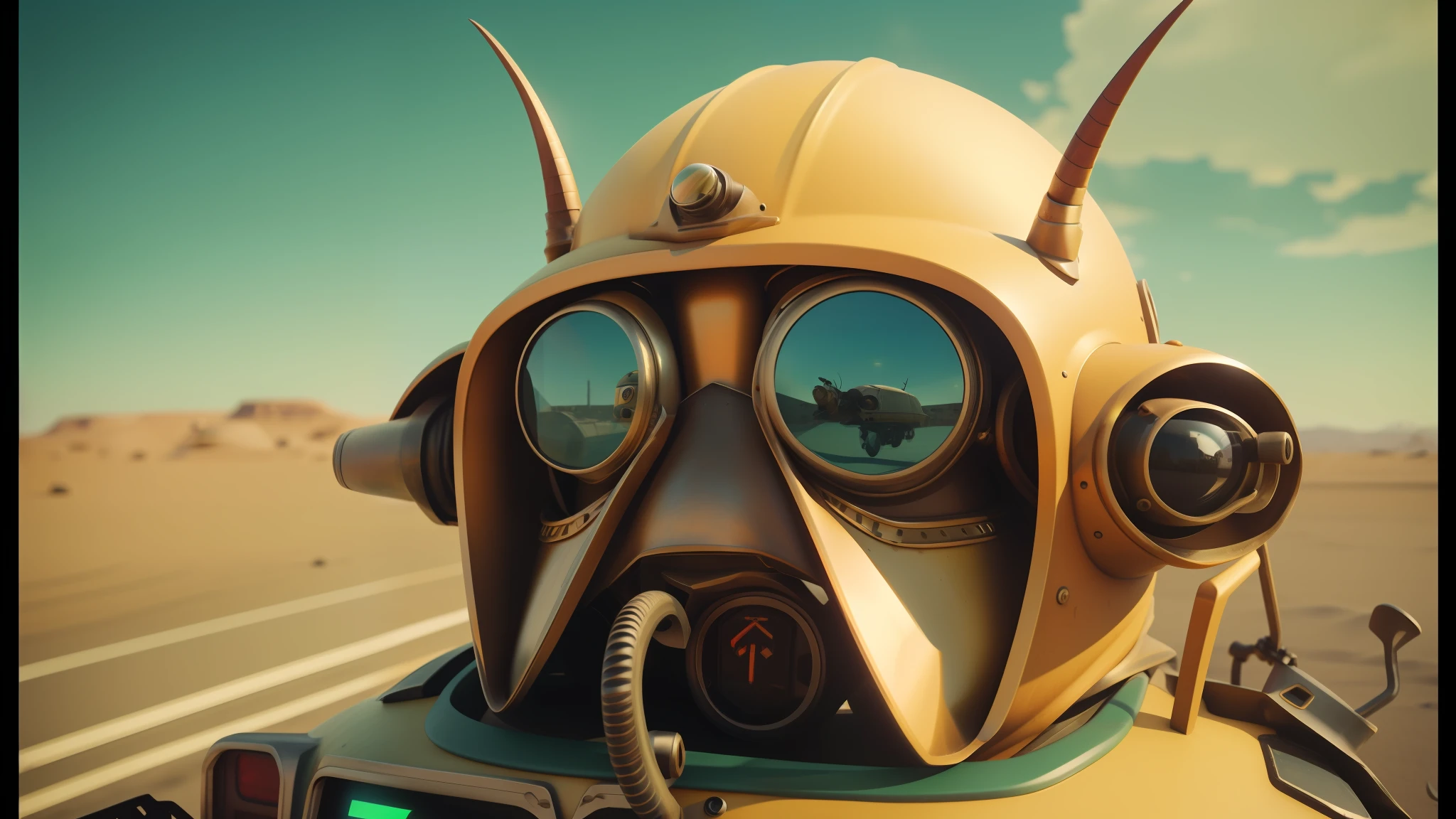 there is a man in a helmet and goggles on a motorcycle, 3d bee made of metal, in a war - torn desert village, 2d cinematic, inspired by Emil Bisttram, tardigrade wearing sunglasses, futuristic taxi, rabbit shaped helmet, in a horned helmet, beetles