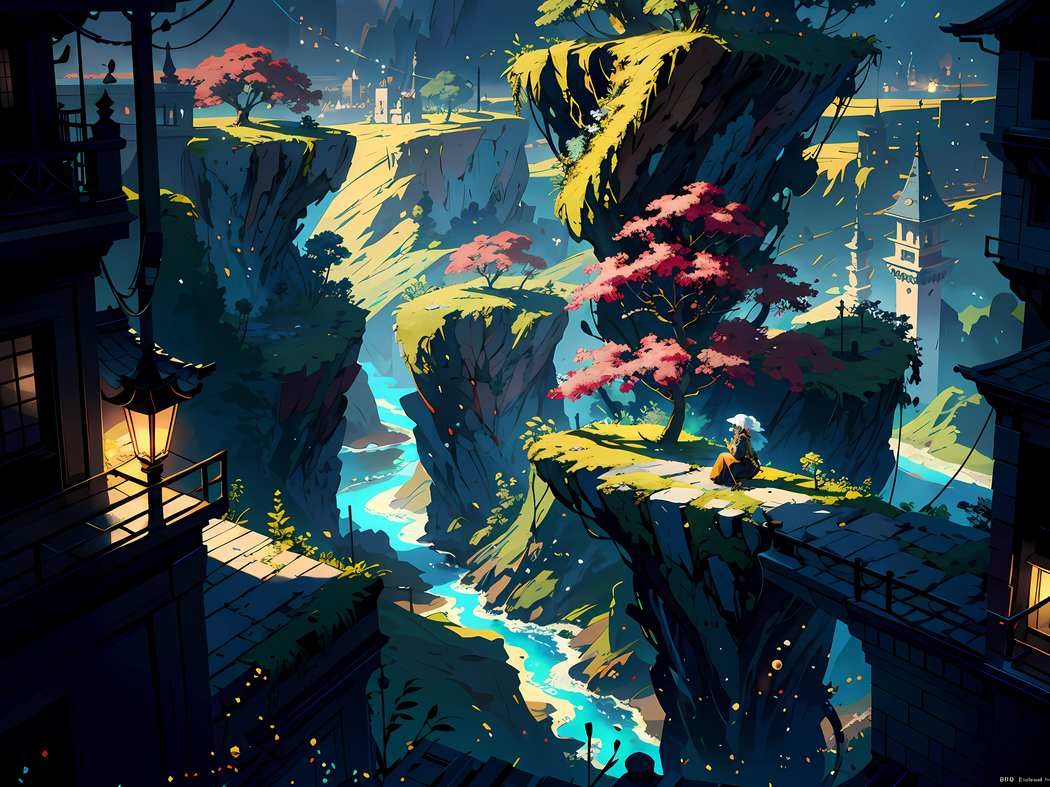 anime girl sitting on a ledge overlooking a city and a river, best anime 4k konachan wallpaper, 2. 5 d cgi anime fantasy artwork, intricate ornate anime cgi style,BREAK,Detailed,Realistic,4k highly detailed digital art,octane render, bioluminescent, BREAK 8K resolution concept art, realism,by Mappa studios,masterpiece,best quality,official art,illustration,ligne claire,(cool_color),perfect composition,absurdres, fantasy,focused,rule of thirds