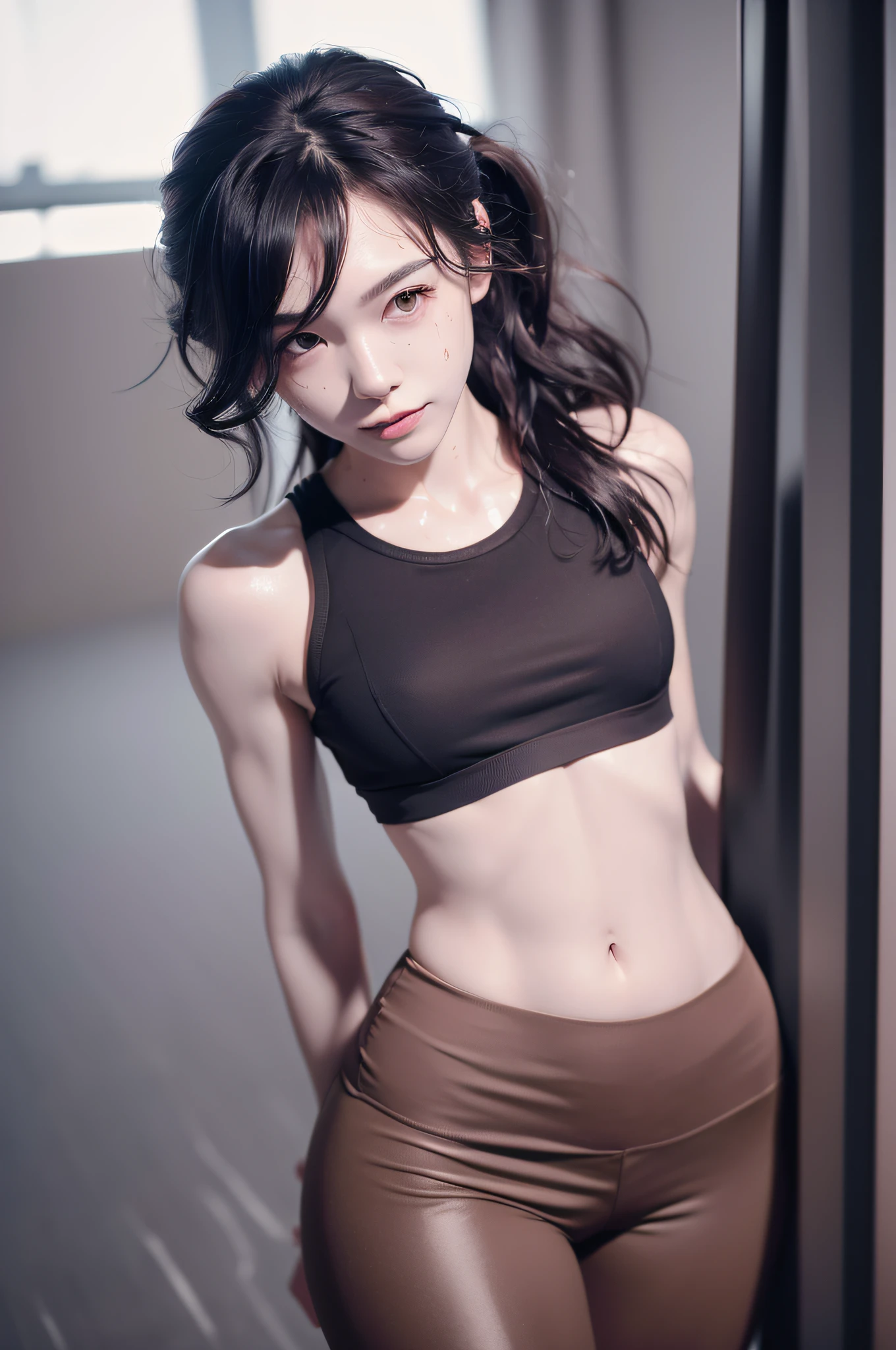 (solo), (a detailed full body RAW photo of a girl), (masterpiece:1.0), (best quality:1.4), (ultra highres:1.2), (photorealistic:1.4), 8k resolution, Canon EOS R5, 50mm, absurdres, ultra detailed, (20 y.o), sharp focus, cinematic lighting, detailed beautiful face, (makeup:1.2), (ulzzang-6500-v1.1), petite figure, detailed skin texture, pale skin, flat chest, (skinny and fit body:1.3), thigh gap, detailed brown hair, sweltering,(very messy hair:1.5), smiling, (sports bra, sports leggings:1.4), realistic glistening skin,(sweating:1.45), slim waist, seductive ,smile,
