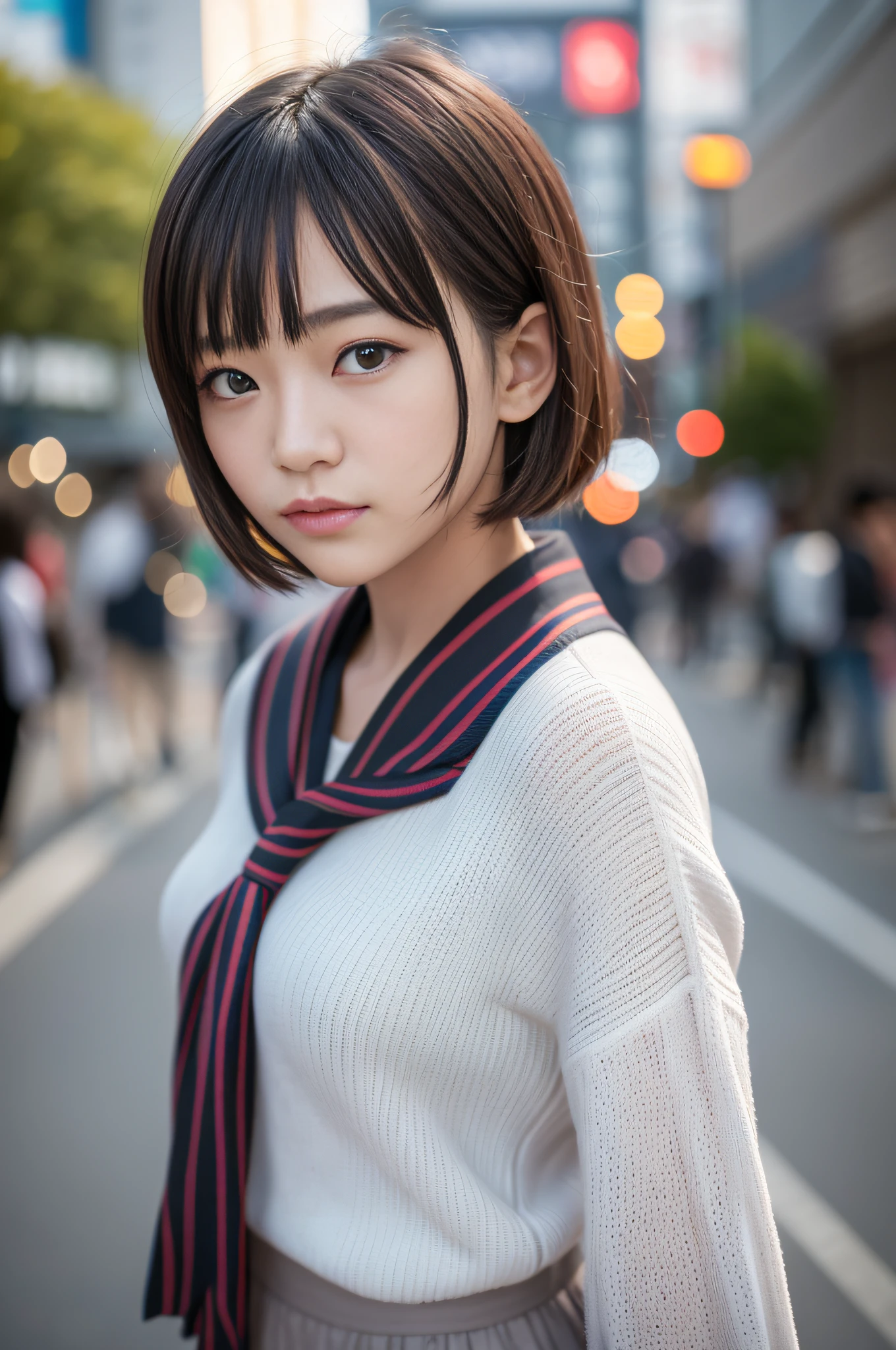 Ultra top quality, masterpiece, ultra high resolution, (photorealistic: 1.4), highly detailed CG Unity 8k wallpaper, detailed and complex, original, high resolution, raw photos, (perfect body shape), finely complex, DSLR, soft lighting, high quality, film grain, depth of field, Leica camera, 50mm lens, backlight, HDR, hyperrealistic, color grade, dynamic pose, portrait, Japan person, smile, lips, short hair, bangs, (crowded Akihabara: 1.2), front view viewer, natural light, girl, 20 years old, full body, solo, student, high school, uniform, sailor color, bobby socks, pleated skirt, daytime, street, deep shadow, cute, beauty, modest, cold light 12000K\\ street, store state, Akihabara, Shinjuku, Shibuya, Ikebukuro, detailed realism, skin texture, super detailed, realistic skin texture, (dramatic, award-winning photos, incredible masterpieces: 1.3)
