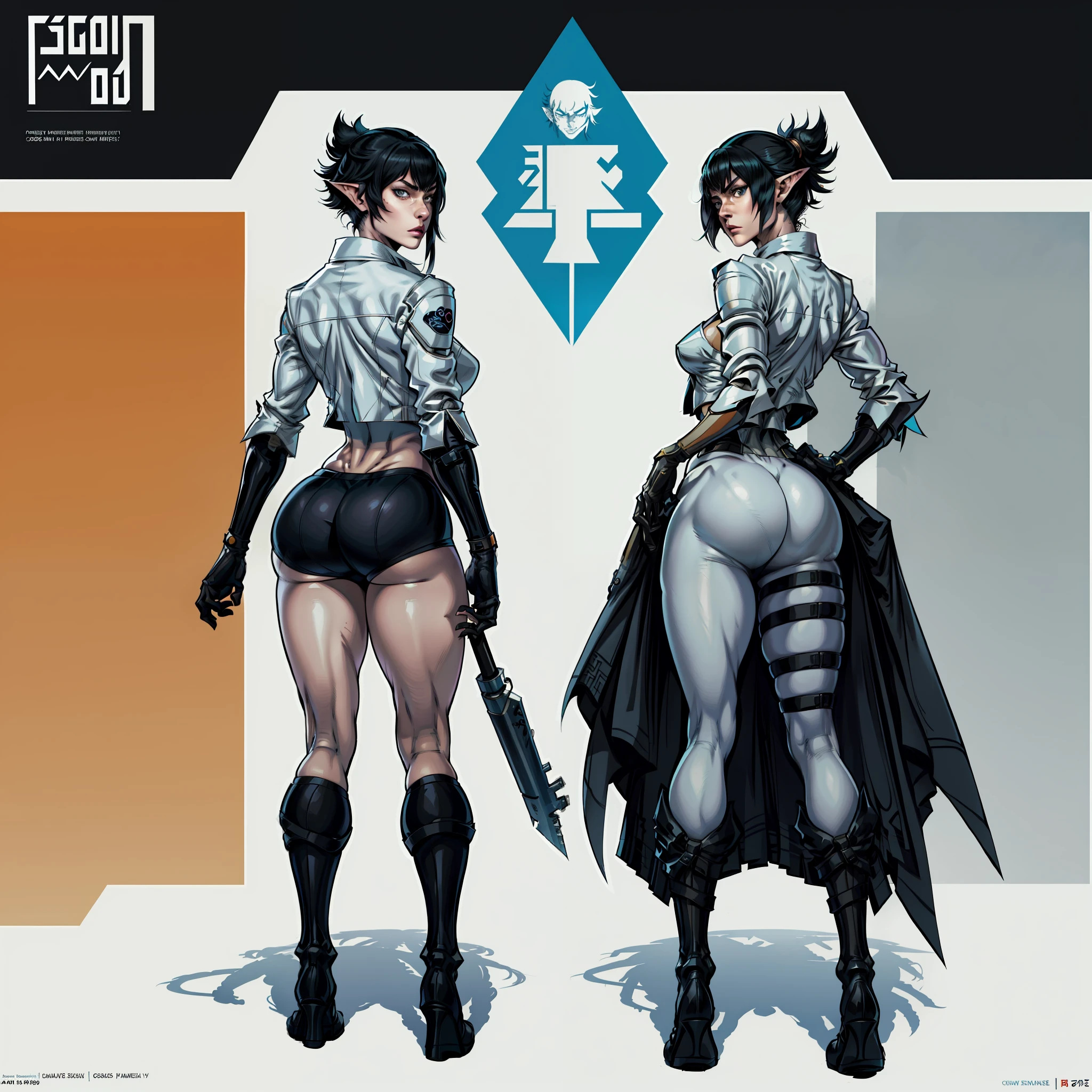 A closeup of a woman wearing uniform with coat and some other poses, front side and back poses, cutesexyrobutts, woman with short black hair and blue degrade, bright blue eyes, pale skin, vampire, pointed ears, muscular!, fit body, gynoid body,sweaty body, perfect body, fit body, abdomen, large breasts, chubby butt, prancing ass, prancing butt, full body concept art, detailed full body concept art, Cushart Krenz Key Women's Art, Masamune Shirow style, Yusuke Murata style, Ilya Kuvshinov, Oppai proportions, official character art, uniform, full body concept, (best quality, masterpiece) a cute chibi girl,