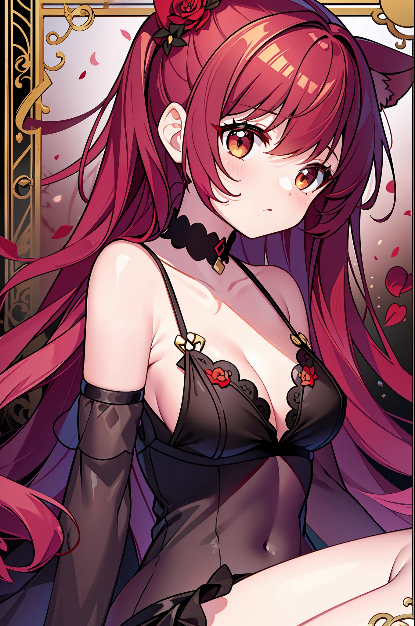 (MASTERPIECE), (Best Quality), (Ultra Detail), Official Art, One Girl, Lori with Pale Red Hair, Petite Little Girl, Lori, Red and Black and Gold See-Through Dress, Embroidered with Silver Roses, Sleeveless, Off-Shoulder, Small, Very Small Breasts, Small, Cleavage, Thigh Focus, Navel, The Lower Half of the Chest Is Bare Skin, Sitting, Card Illustration, Red Full Moon