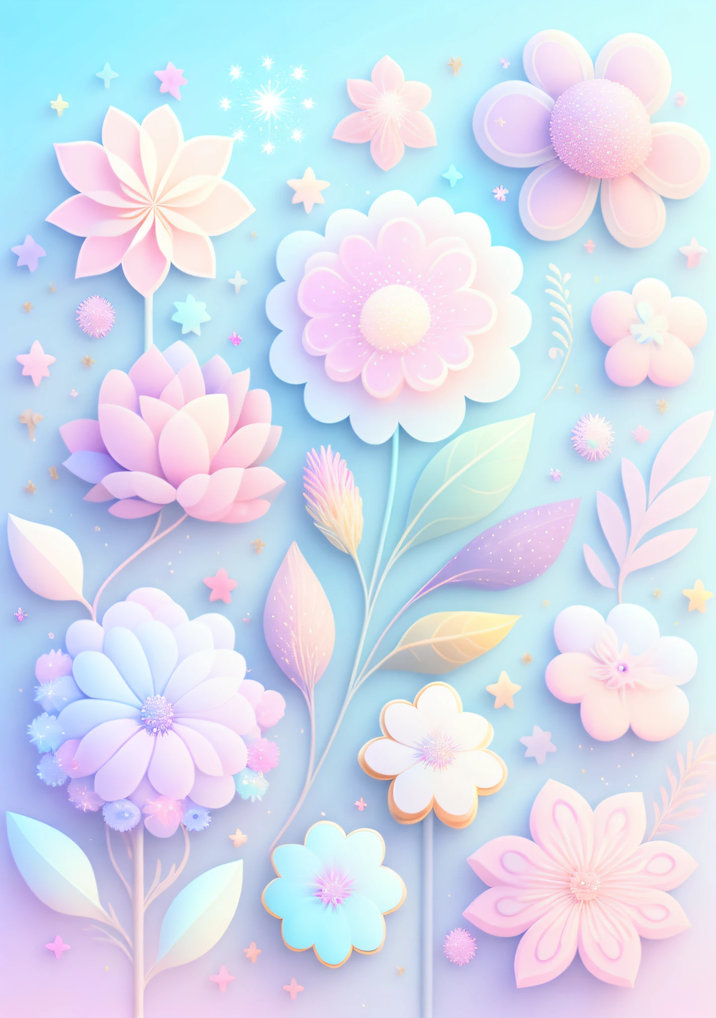 "Various flowers, cartoon illustration, sky in a gradient of pastel colors with twinkling stars. Immerse yourself in a mystical world full of magical elements (weighted at 0.9)."