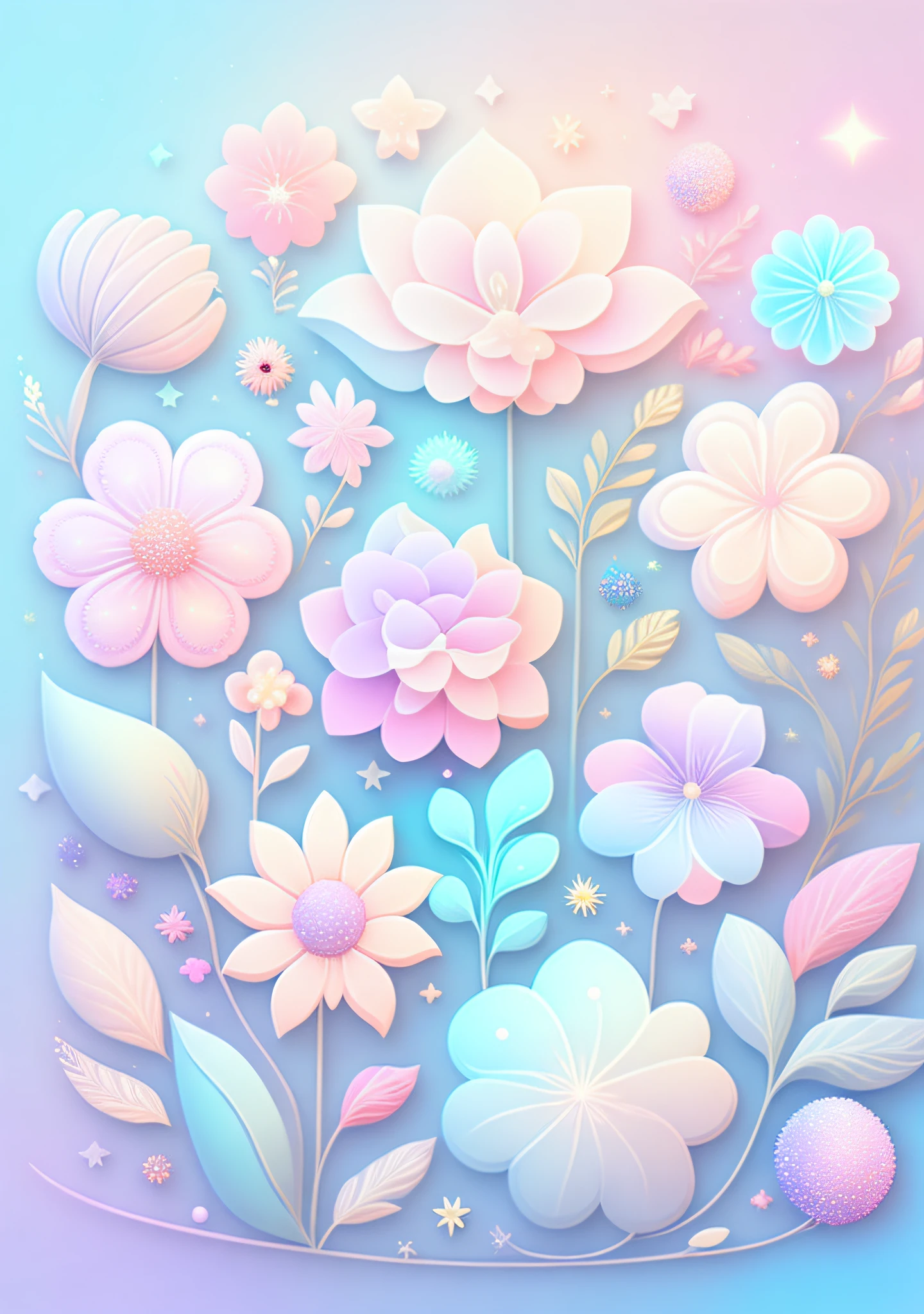 "Various flowers, cartoon illustration, sky in a gradient of pastel colors with twinkling stars. Immerse yourself in a mystical world full of magical elements (weighted at 0.9)."